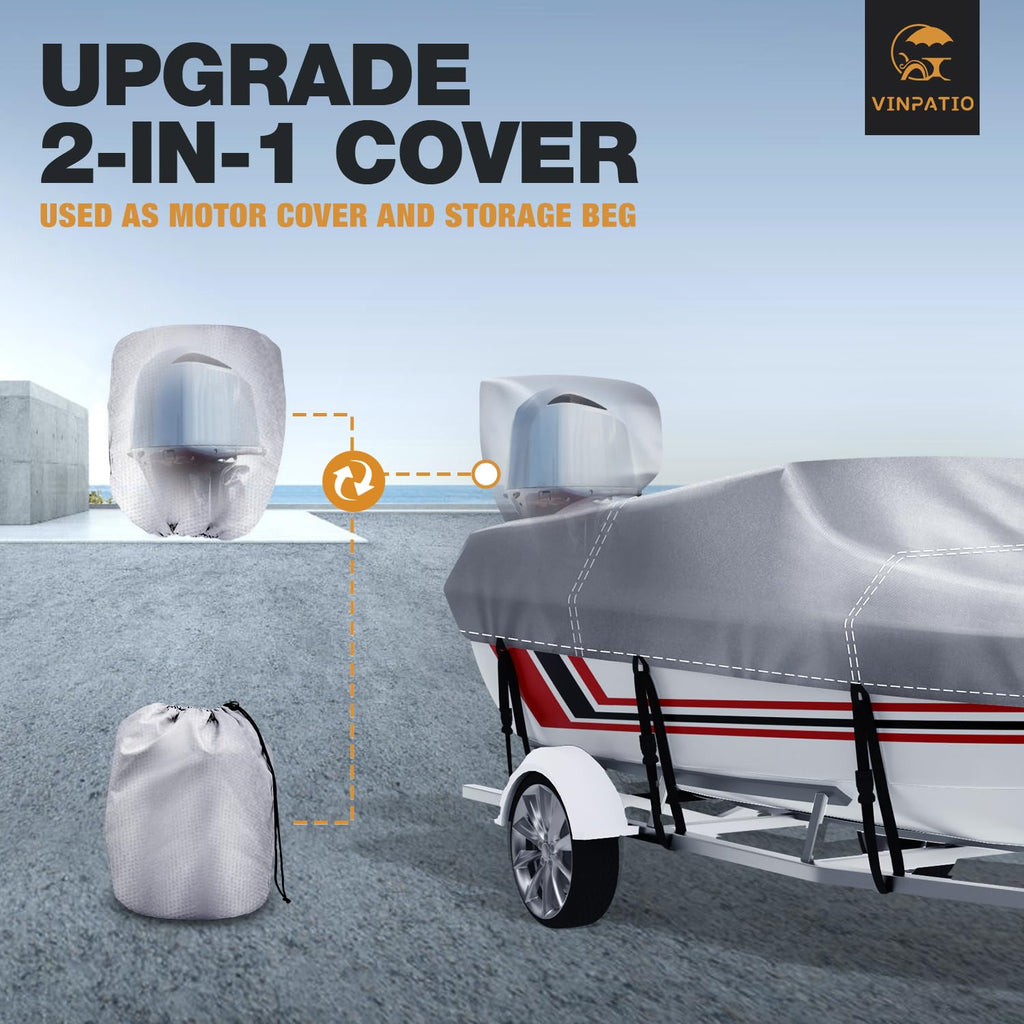 Vinpatio Boat Cover With Motor Cover, 20-22 Ft Heavy Duty 100% Waterproof Boat Covers Marine Grade Bass Boat Cover Fits V-Hull R