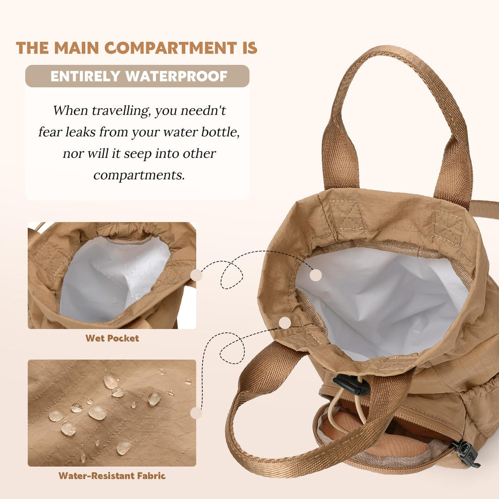 GOLF QUALITY Large Water Bottle Bag for 32/40/42//64oz Water Bottle,Casual Drawstring Crossbody Water Cup Bag,Brown
