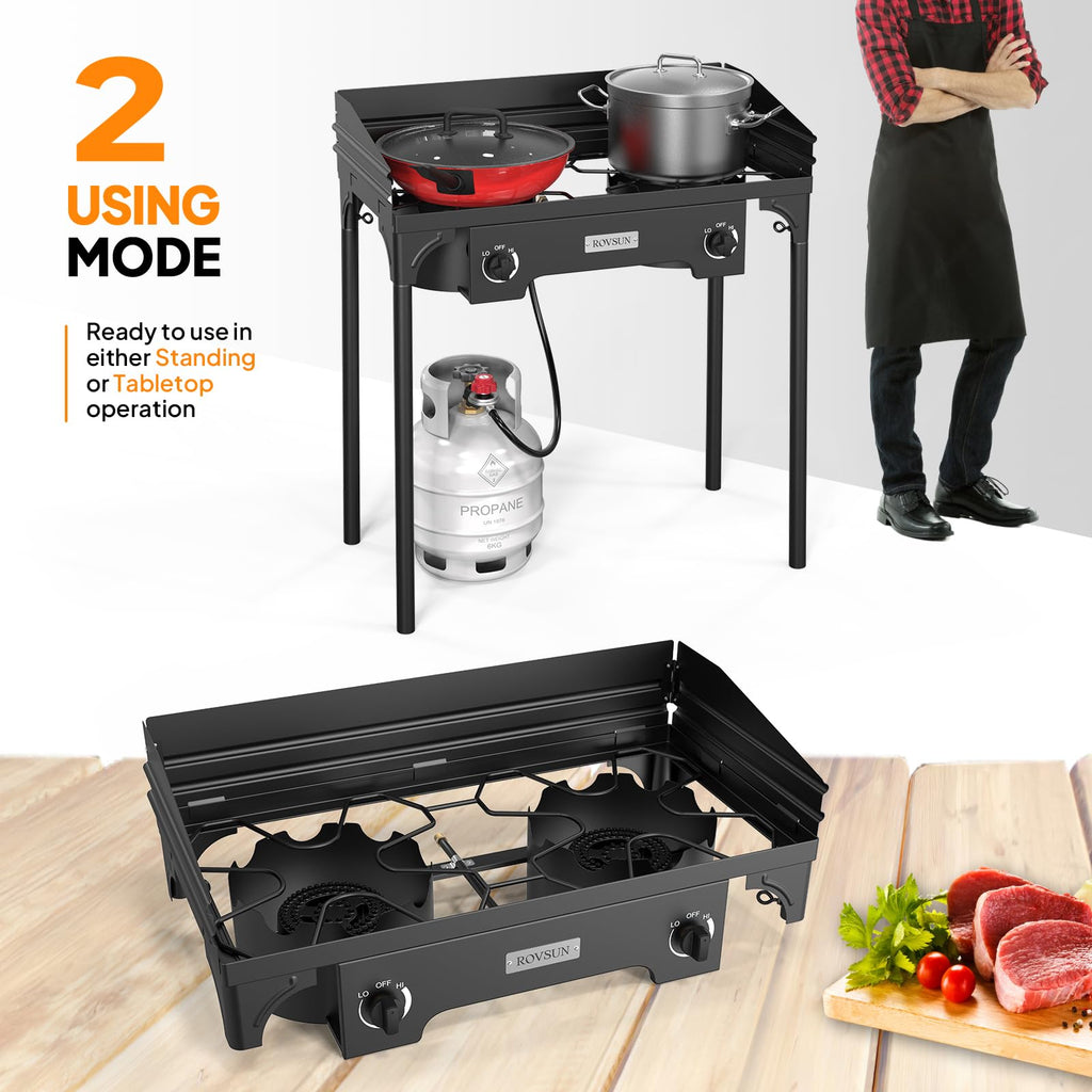 Rovsun 2 Burner Outdoor Camping Stove With Wind Panel & Carrying Bag, 150,000 Btu Propane Burner, Gas Cooker With Detachable Leg