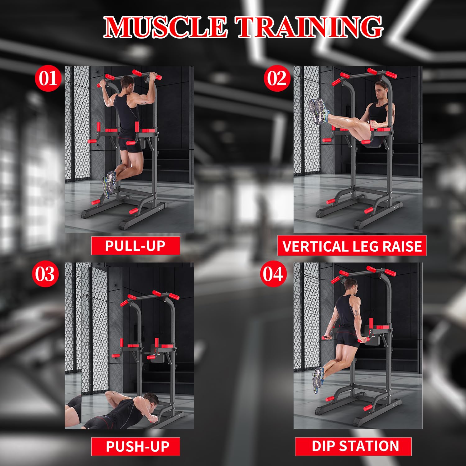 Power Tower Dip Station, Pull Up Bar Station & Multi-Function Gym Equipment For Home Strength Training Adujustable Height Up To