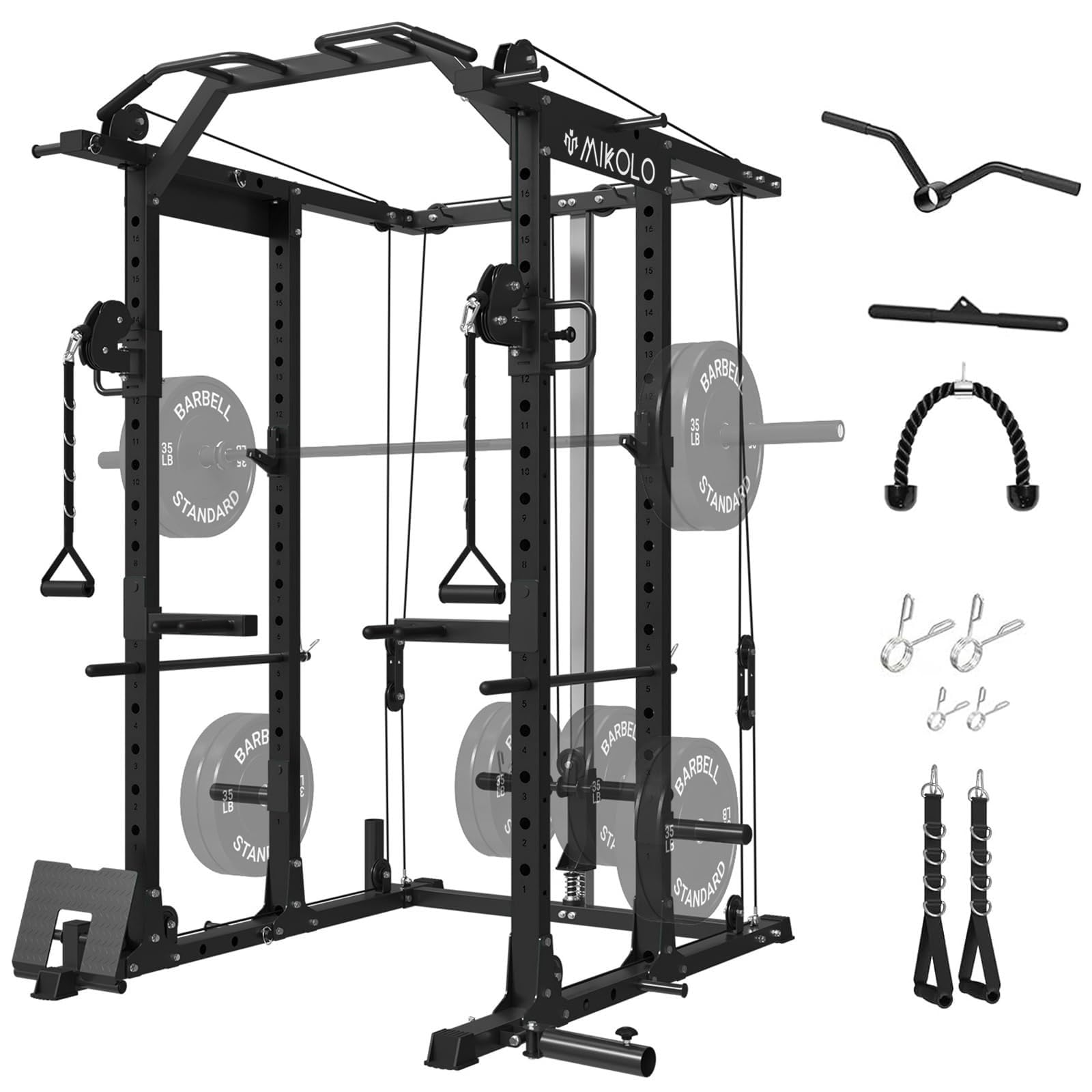 Mikolo Power Cage, Power Rack with Cable Crossover System, 1500LBS Squat Rack with LAT Pull Down System, Workout Cage with Pulle