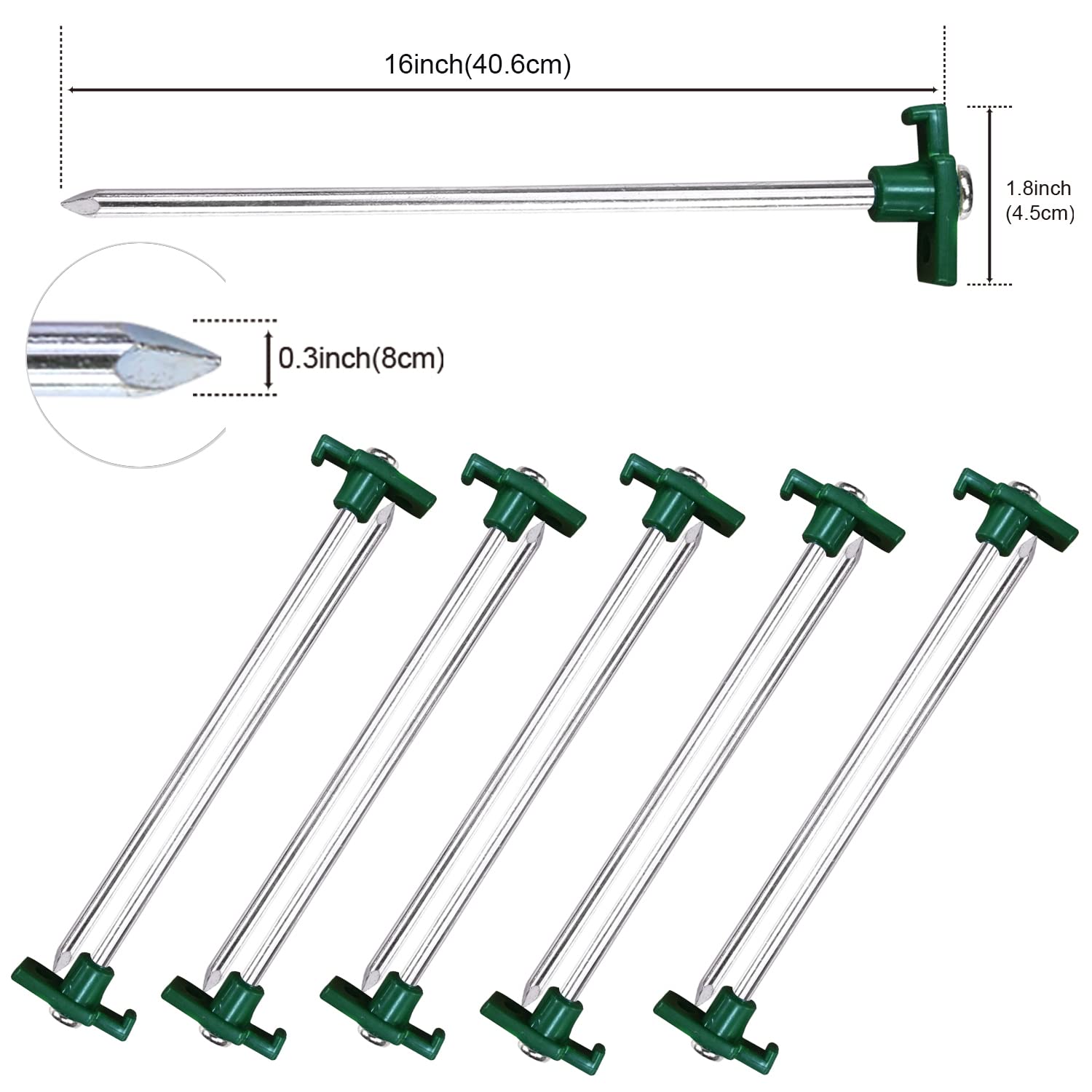 Abccanopy 15 Inch Tent Stakes 10 Pcs Non-Rust Metal Ground Anchors, Heavy Duty Spikes With 4 Ropes For Outdoor Camping, Green