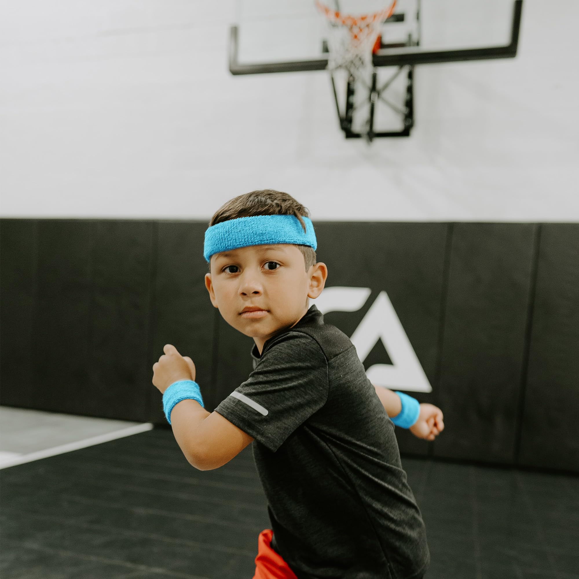 Suddora Kids Wrist Sweatbands - Athletic Cotton Terry Cloth Sports Wristbands For Kids (Pair) (Neon Blue)