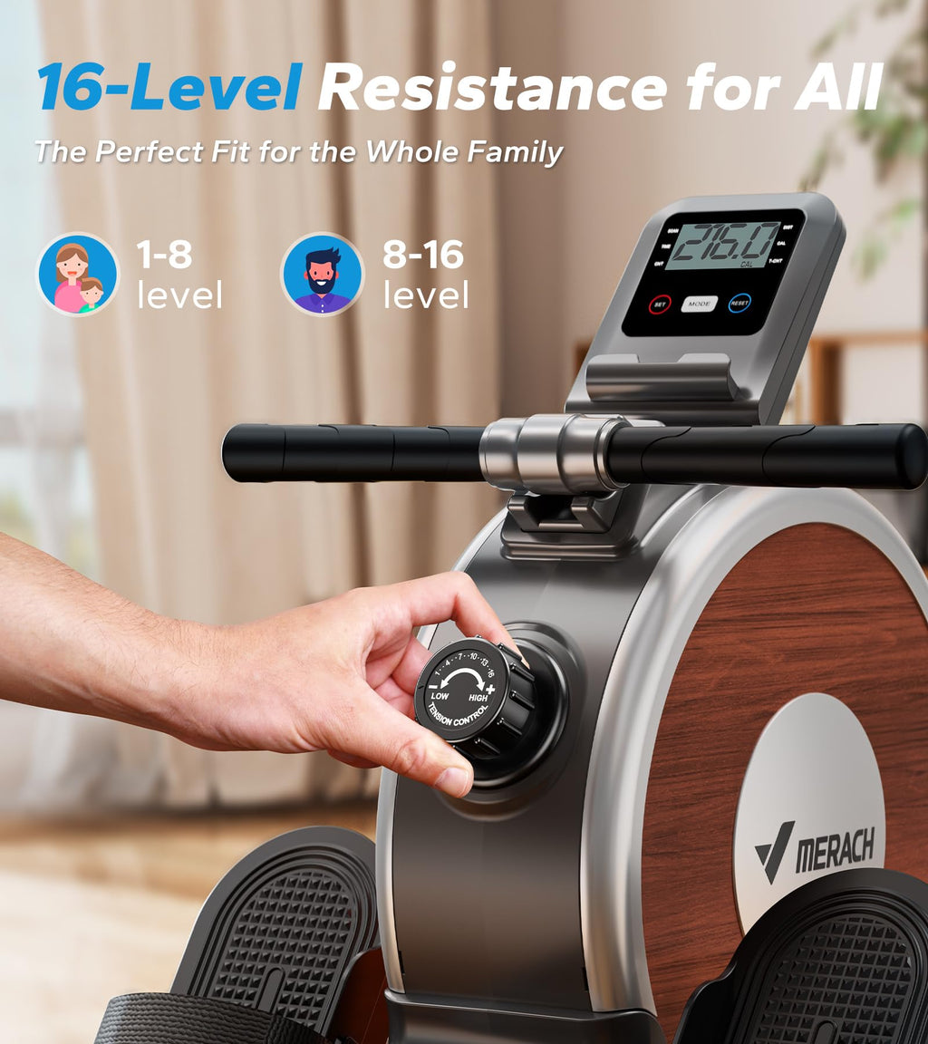 Merach Rowing Machine, Magnetic Rower Machine For Home, 16 Levels Of Quiet Resistance, Dual Slide Rail With Max 350Lb Weight Cap