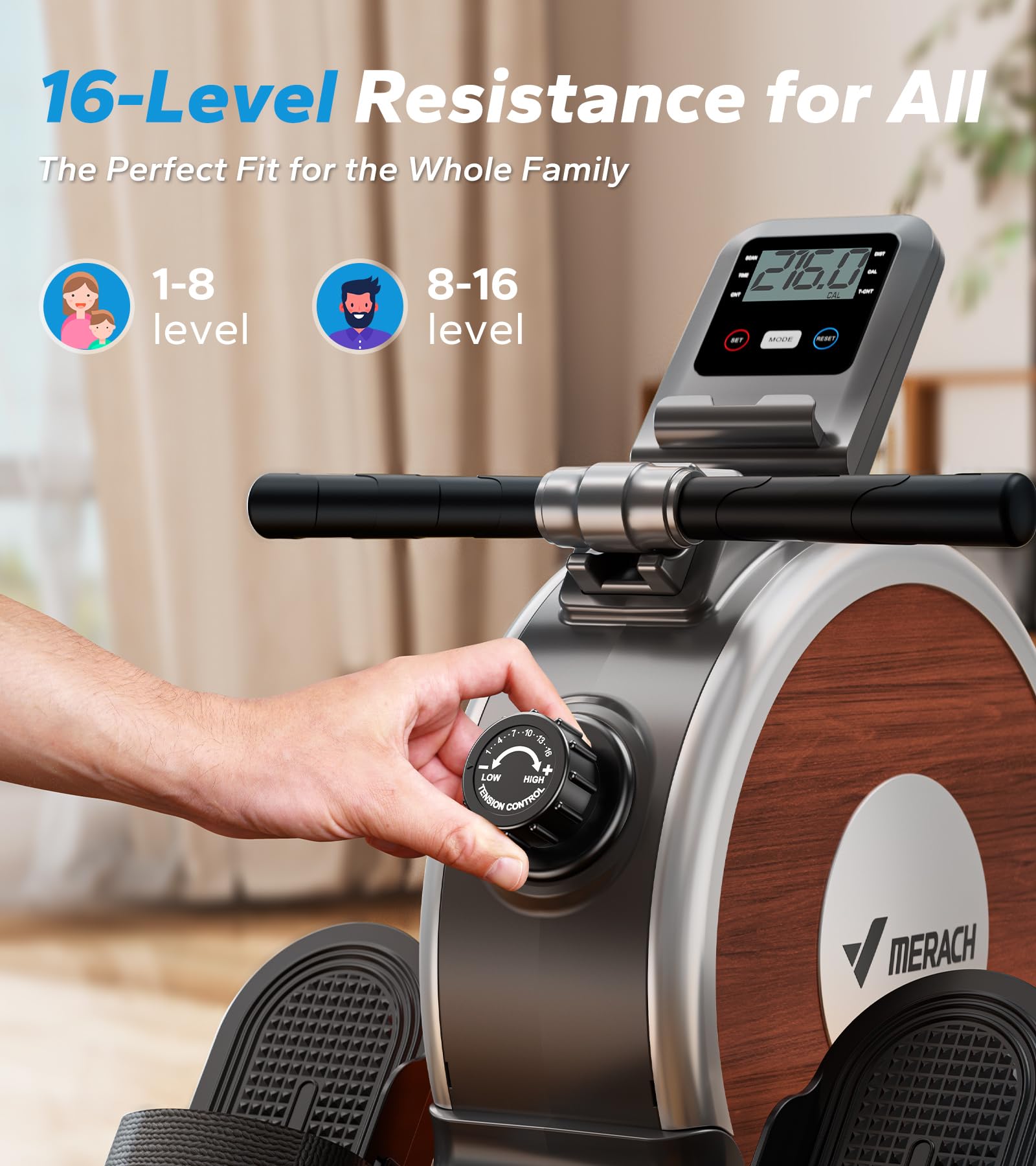 Merach Rowing Machine, Magnetic Rower Machine For Home, 16 Levels Of Quiet Resistance, Dual Slide Rail With Max 350Lb Weight Cap