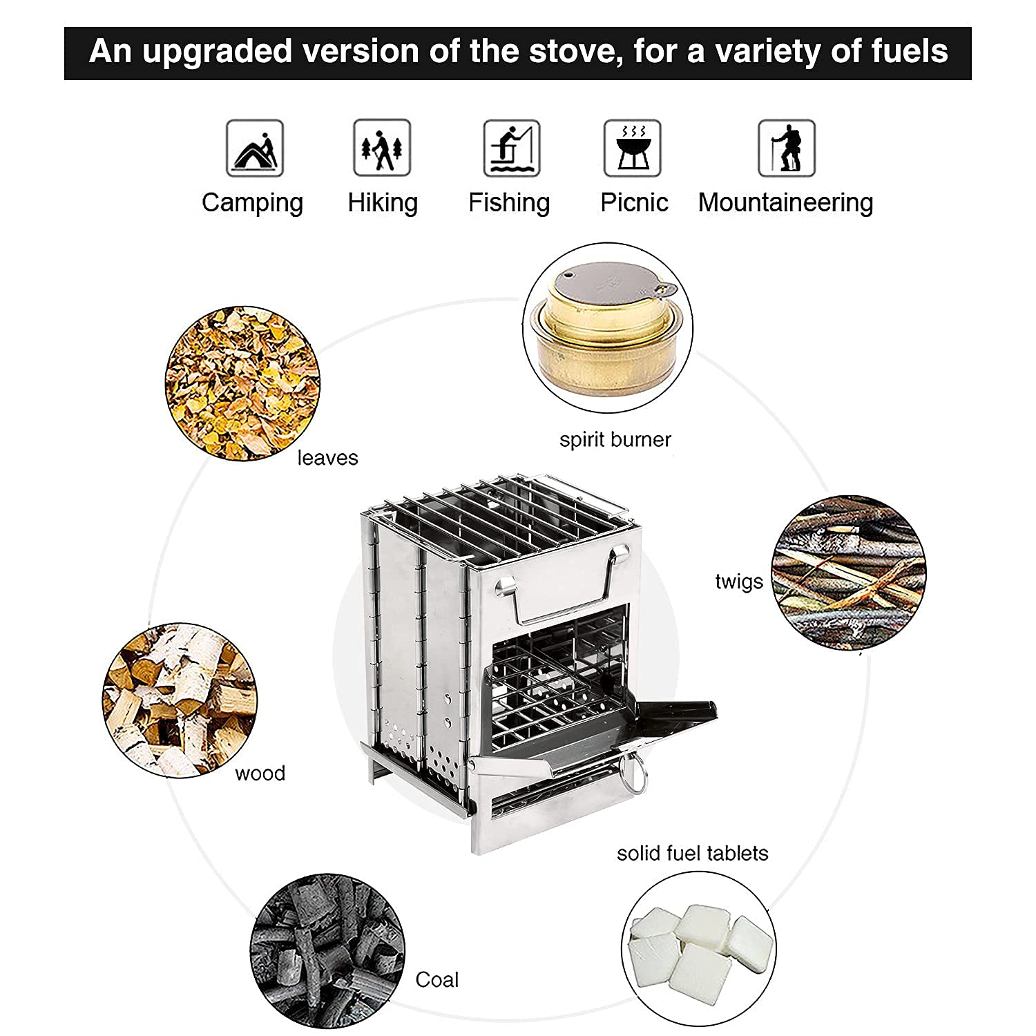 Redcamp Wood Burning Folding Camp Stove Stainless Steel Grill, Portable Collapsible Backpacking Stove Survival Rocket Stove For