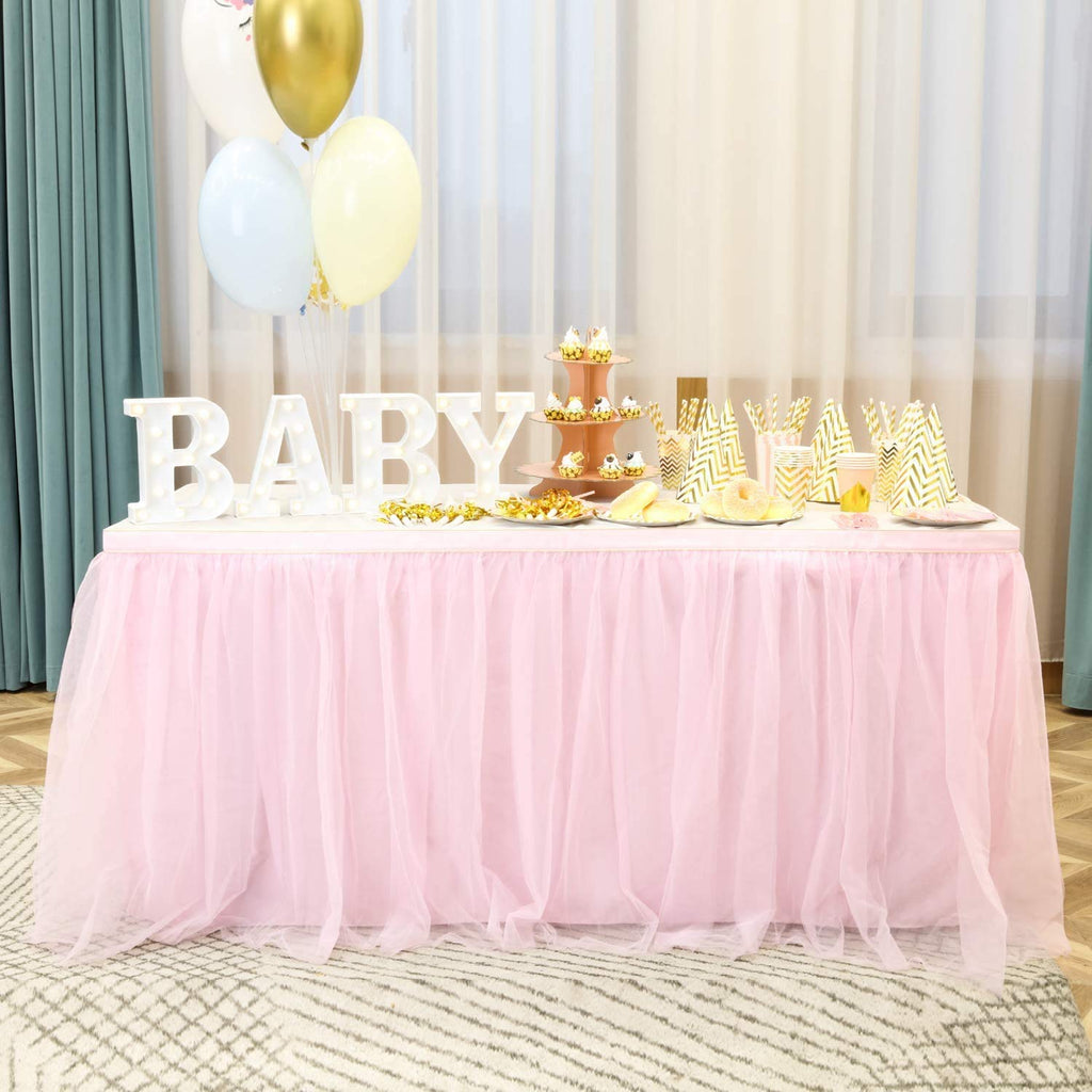 Nssonben 14Ft Pink Tulle Table Skirt Fluffy And Elegant Tutu Table Skirts For Wedding Birthday Party Baby Shower (L168Inah30In)