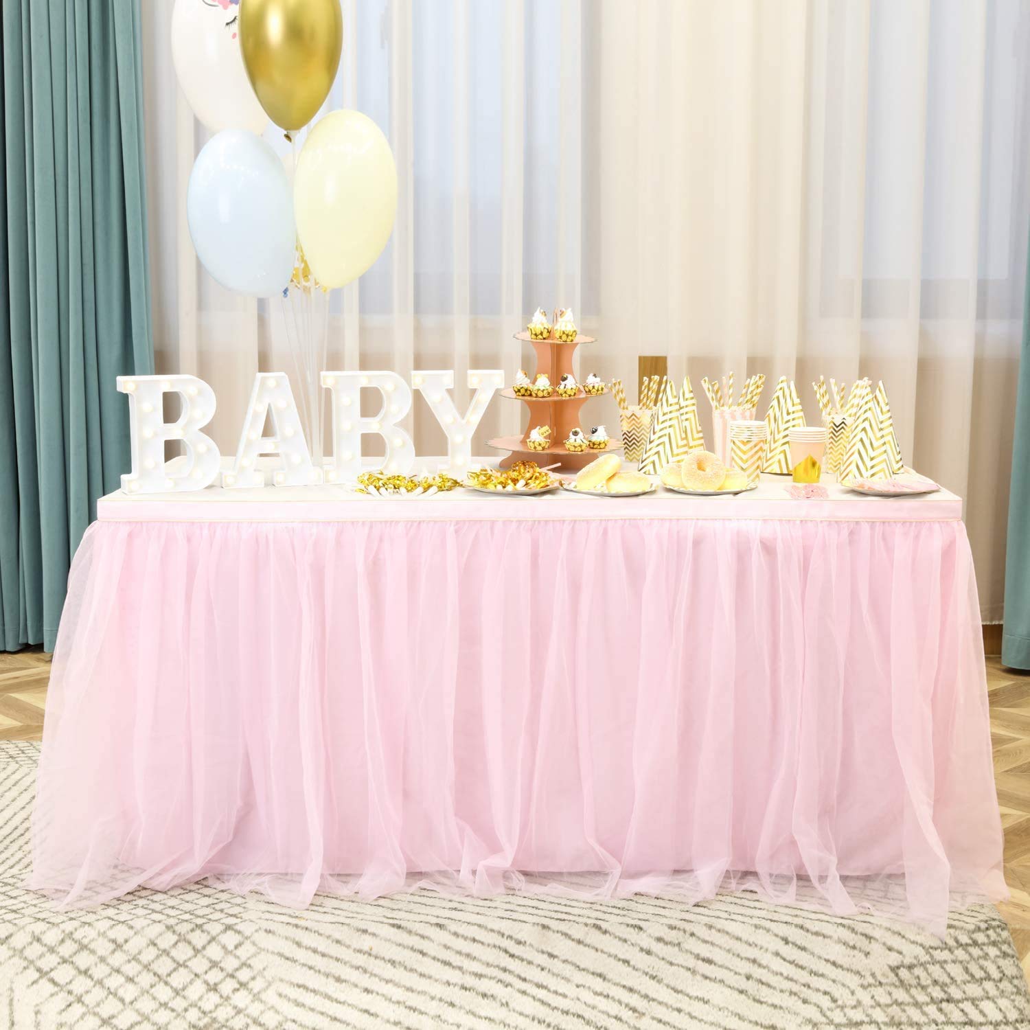 Nssonben 14Ft Pink Tulle Table Skirt Fluffy And Elegant Tutu Table Skirts For Wedding Birthday Party Baby Shower (L168Inah30In)
