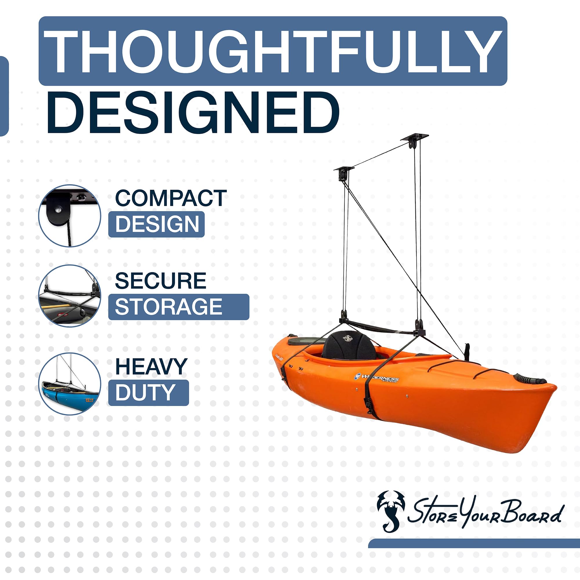 Storeyourboard Kayak And Canoe Ceiling Pulley System, Garage Mount Storage Hoist, Heavy Duty Holds 150 Lbs, Indoor Hanging Organ