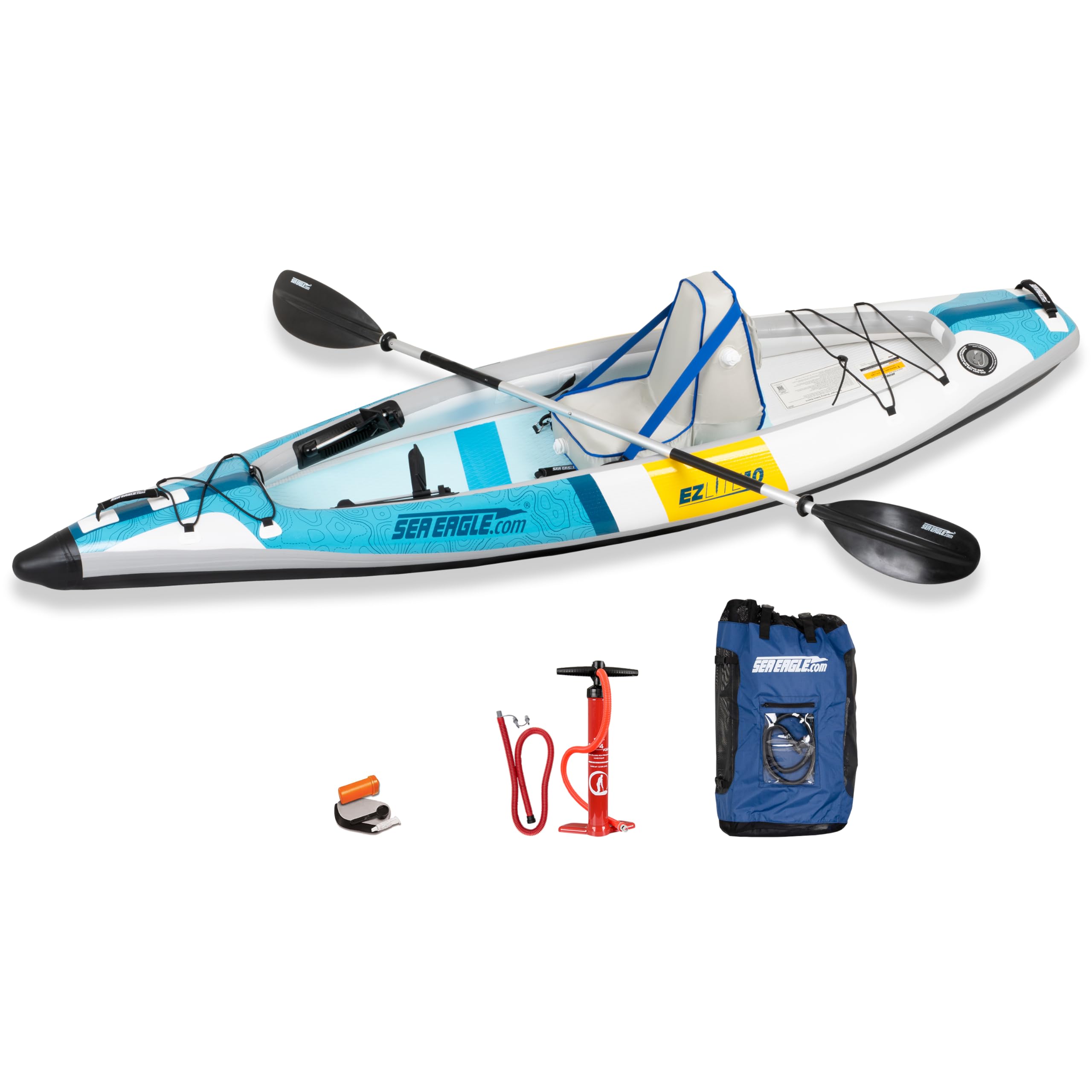 Sea Eagle EZLITE 10 Ultralight, All Woven, Drop Stitch, Rigid, High Performance, Easy Setup, 10' Solo Inflatable Kayak-Backpack,