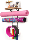 Bikoney Yoga Mat Holder Wall Mount Yoga Mat Storage Home Gym Accessories With Wood Floating Shelves And 4 Hooks For Hanging Foam