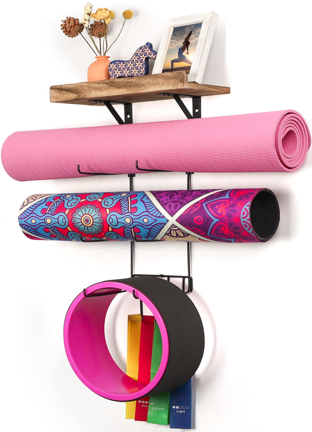 Bikoney Yoga Mat Holder Wall Mount Yoga Mat Storage Home Gym Accessories With Wood Floating Shelves And 4 Hooks For Hanging Foam