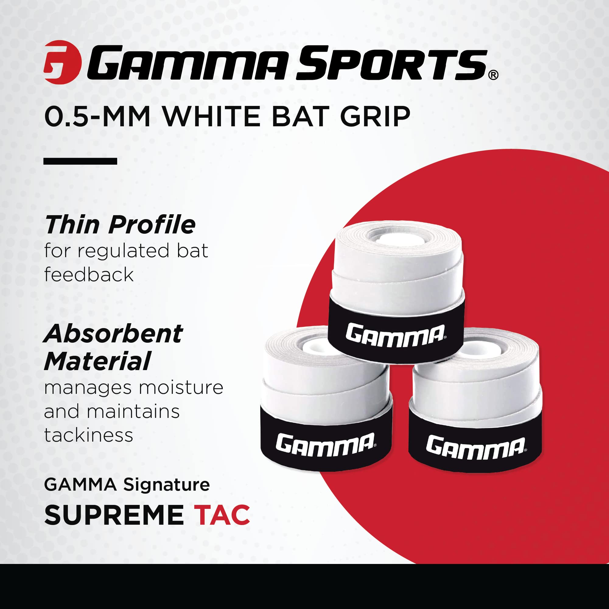 Gamma Sports Supreme Tac Baseball Bat Grip Wrap (3 Pack) - Tacky, Absorbent, Non-Slip, Easy To Apply - Great For Any Size Handle