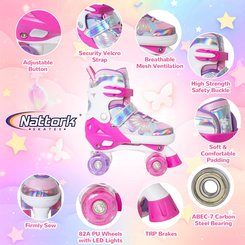 Kids Roller Skates For Girls Boys -Rose Red For Big Kids Age 7 8 9 10 - Adjustable All Light Up Wheels Butterfly And Flower Indo