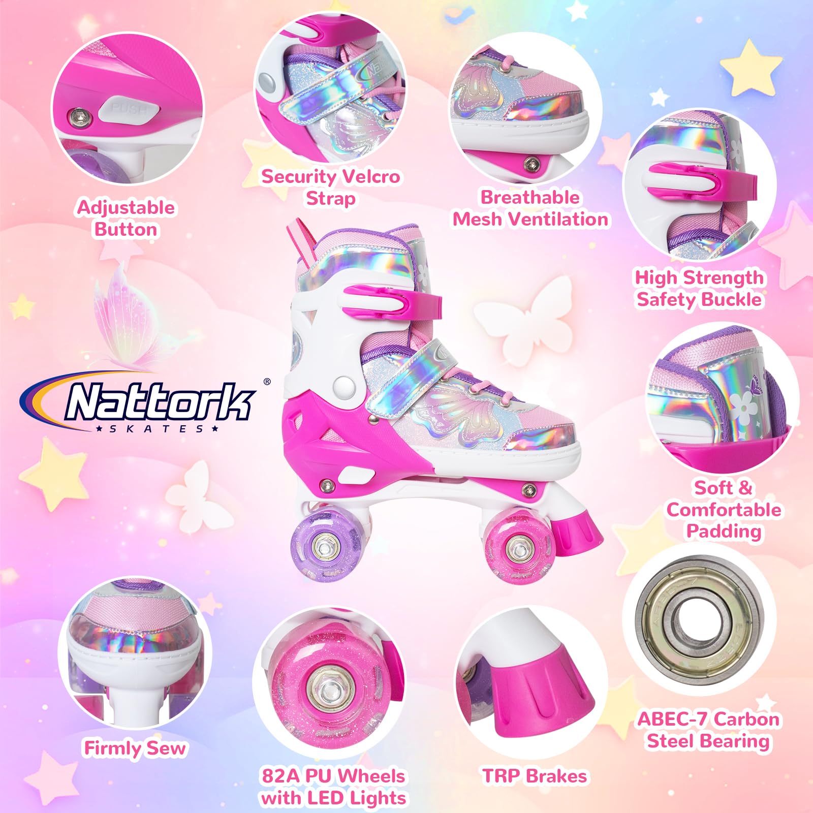 Kids Roller Skates For Girls Boys - Rose Red For Teenagers Youth Age 10 11 12 - Adjustable All Light Up Wheels Butterfly And Flo