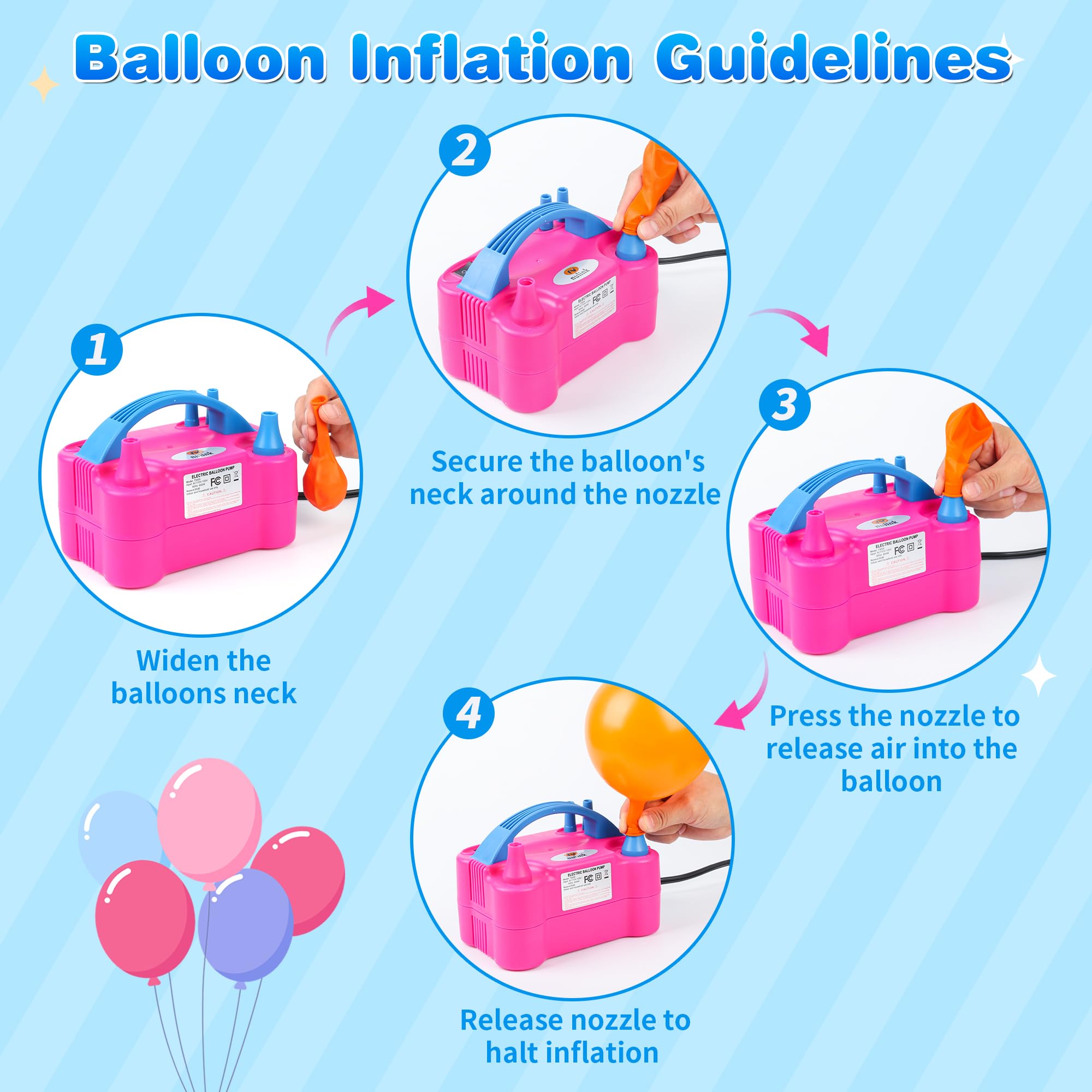 Nulink Electric Portable Dual Nozzle Balloon Blower Pump Inflation For Decoration, Party [110V~120V, 600W, Rose Red]