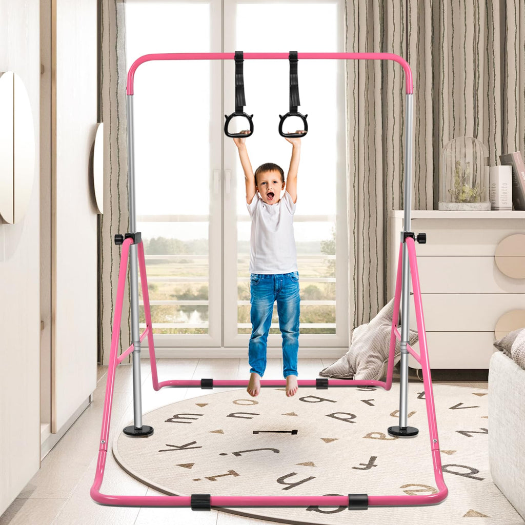 Beeyeo Gymnastics Bar, Expandable Horizontal Bars With Rings, Gymnastics Training Bar Indoor Gym Equipment For Kids Grip Trainin
