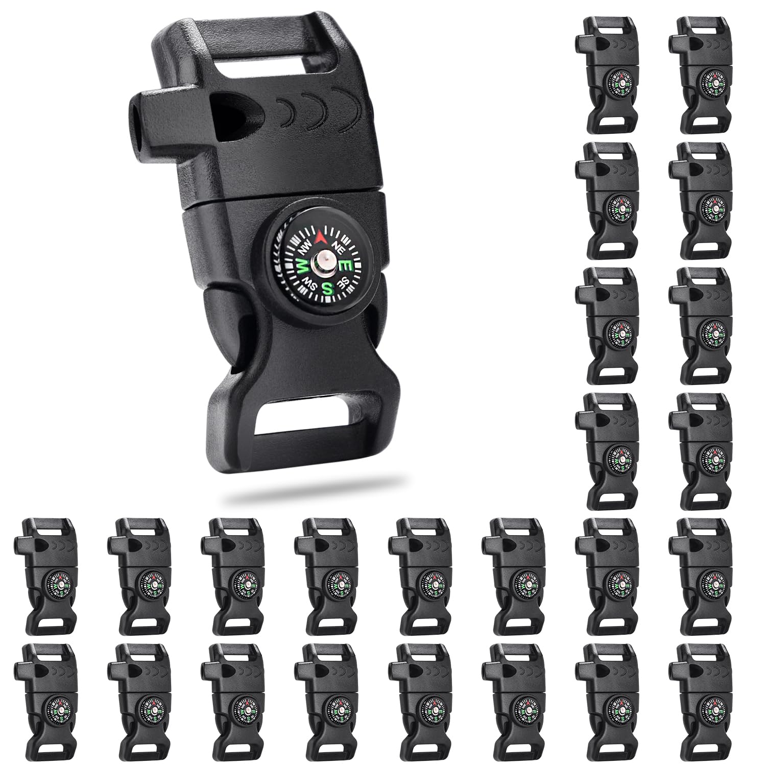 25 Pack 5/8 Inch Paracord Buckle With Whistle Compass, Side Release Plastic Buckles For Paracord Bracelet Outdoor Camping Emerge