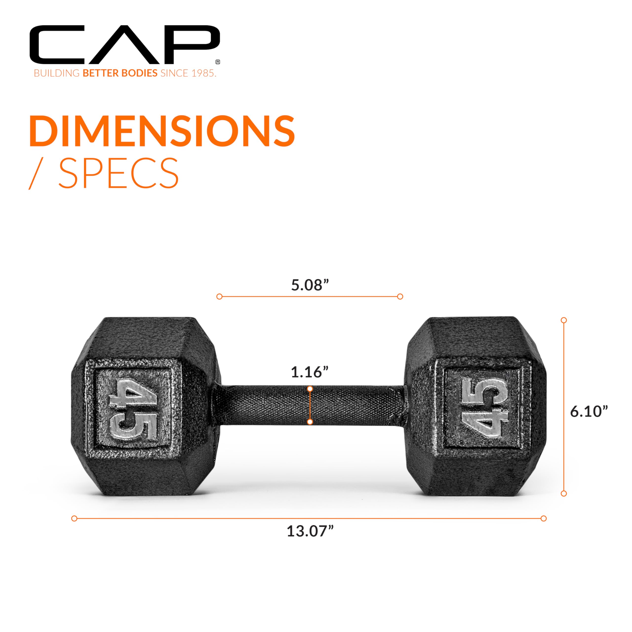 CAP Barbell 45 LB Cast Iron Hex Dumbbell Hand Weight - Pair | Black