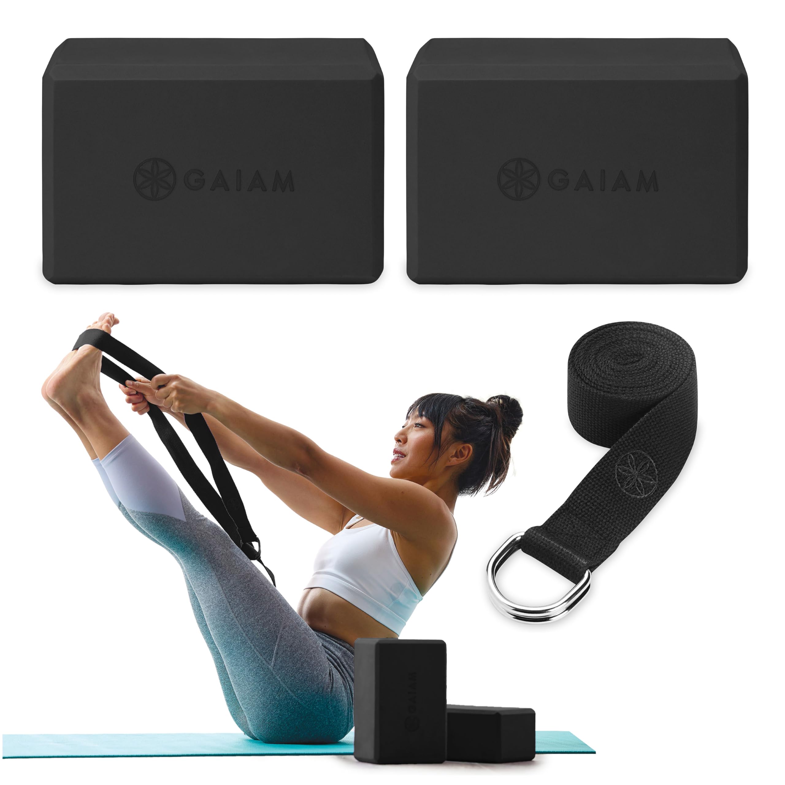 Gaiam Yoga Block 2 Pack & Yoga Strap Set - Yoga Blocks with Strap, Pilates & Yoga Props to Help Extend & Deepen Stretches, Yoga 