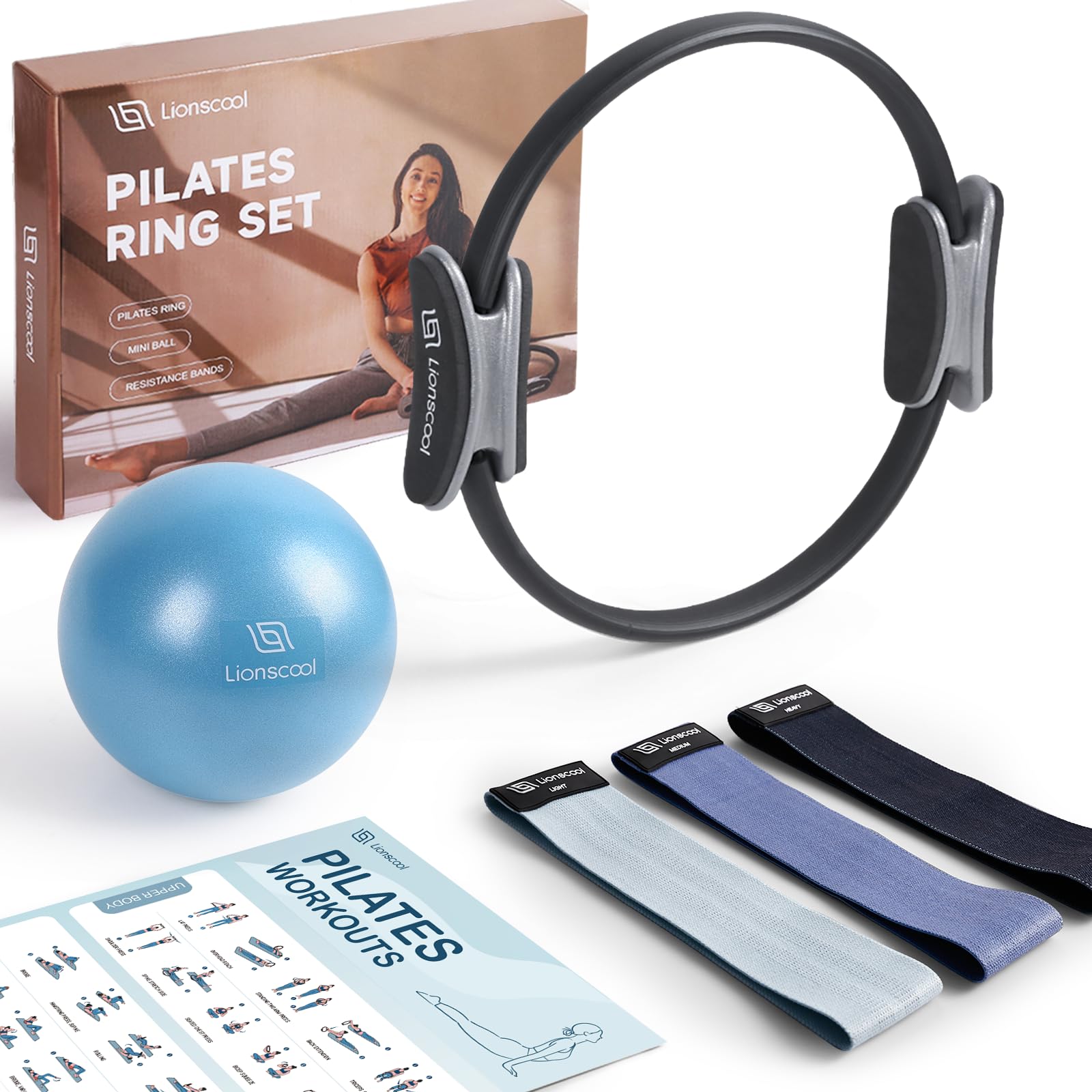LIONSCOOL Pilates Ring Set (Black) - 14 Pilates Ring, 9 Pilates Mini Ball and Three Fabric Resistance Bands Included