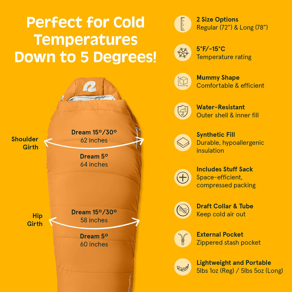 Retrospec Dream 15 Mummy Sleeping Bag - Insulated, Water-Resistant, Adjustable For Cold Weather Camping