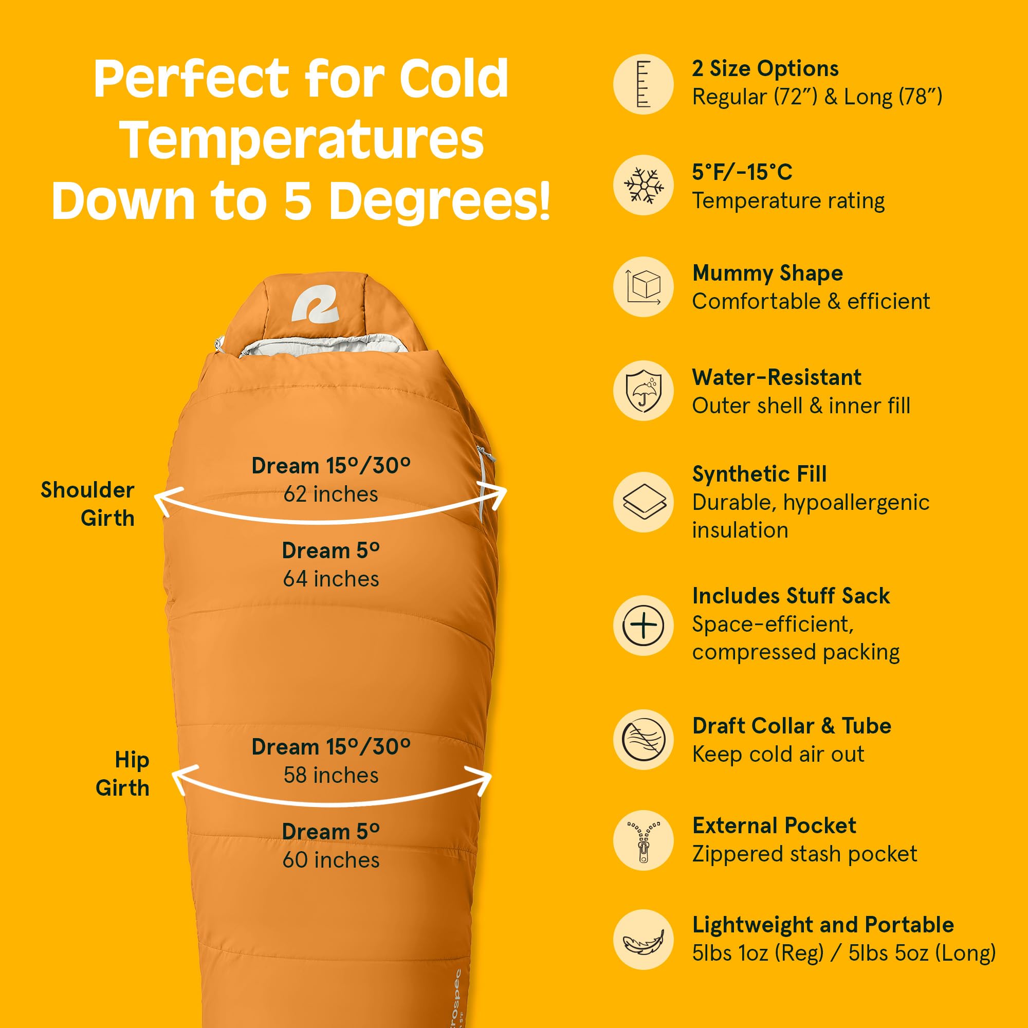 Retrospec Dream 15 Mummy Sleeping Bag - Insulated, Water-Resistant, Adjustable For Cold Weather Camping