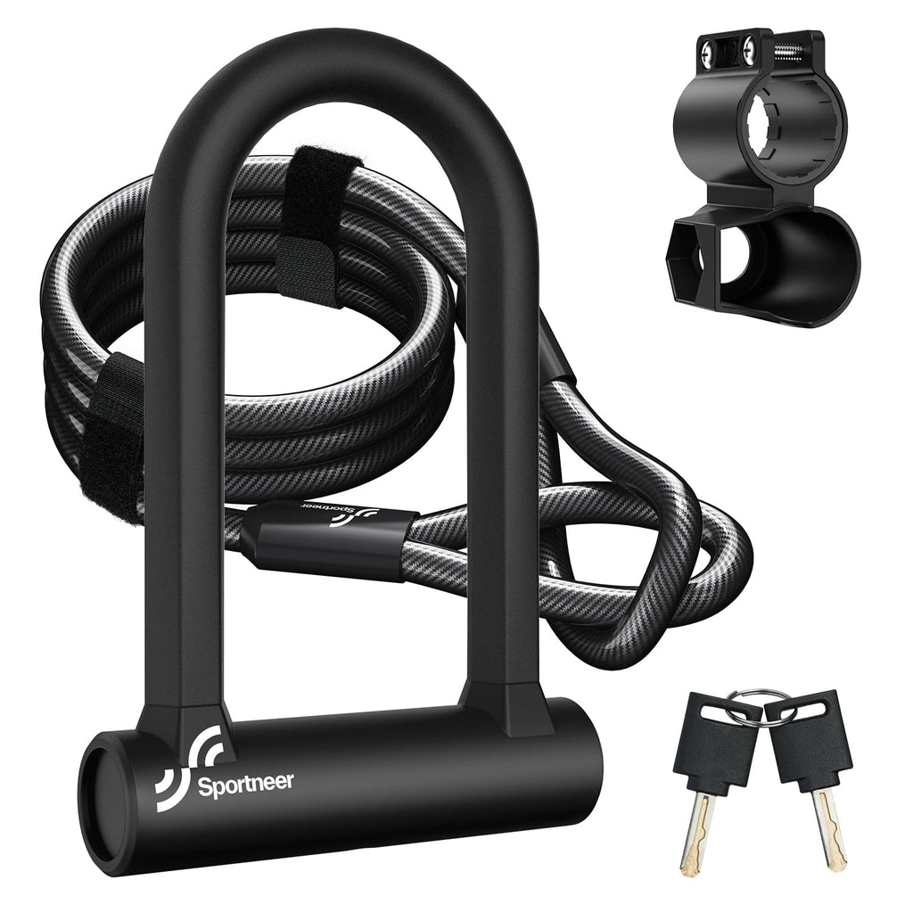 Sportneer Bike Lock Set Heavy Duty Bike U Lock With 5 Ft Security Steel Cable, 17Mm Shackle Bicycle U-Locks With Keys And Sturdy