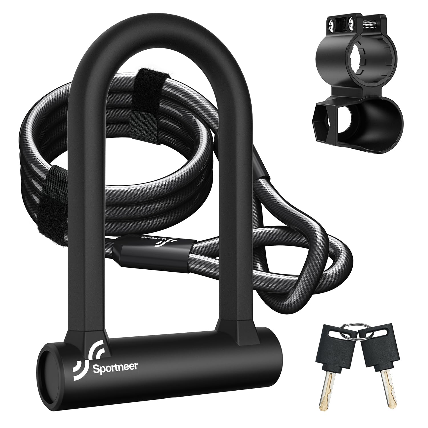 Sportneer Bike Lock: Heavy Duty Anti Theft Bike U Lock with 5ft Security Steel Cable - 17mm Shackle Bicycle U-Locks with Keys & 