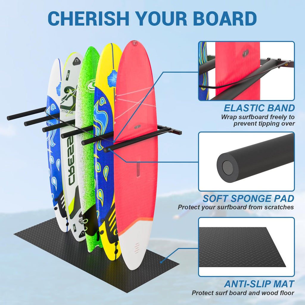 Lxvooee Vertical Surfboard Rack For Wall, Surfboard Wall Mount With Bungee Cord And Rubber Mat, Metal Garage Surfboard Stand Wal