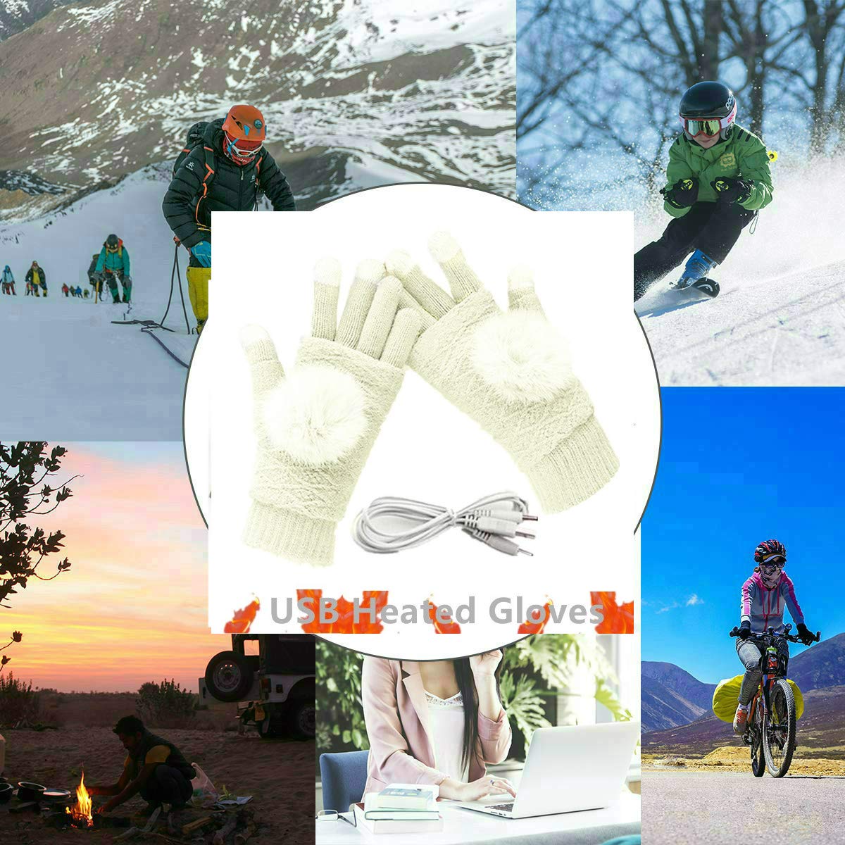 Womens & Mens Usb Heated Gloves Mitten Winter Hands Warm Laptop Gloves, Pom Pom Knitting Hands Full & Half Heated Fingerless Hea