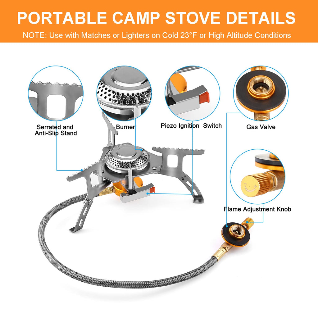 Wadeo Camping Gas Stove, 3700W Portable Backpacking Stove With Piezo Ignition, Portable Burner, Camping Stove Adapter And Carryi