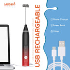 Laposso Milk Frother Rechargeable Handheld Electric Whisk Coffee Frother Mixer With 3 Stainless Whisks 3 Speed Adjustable Foam M