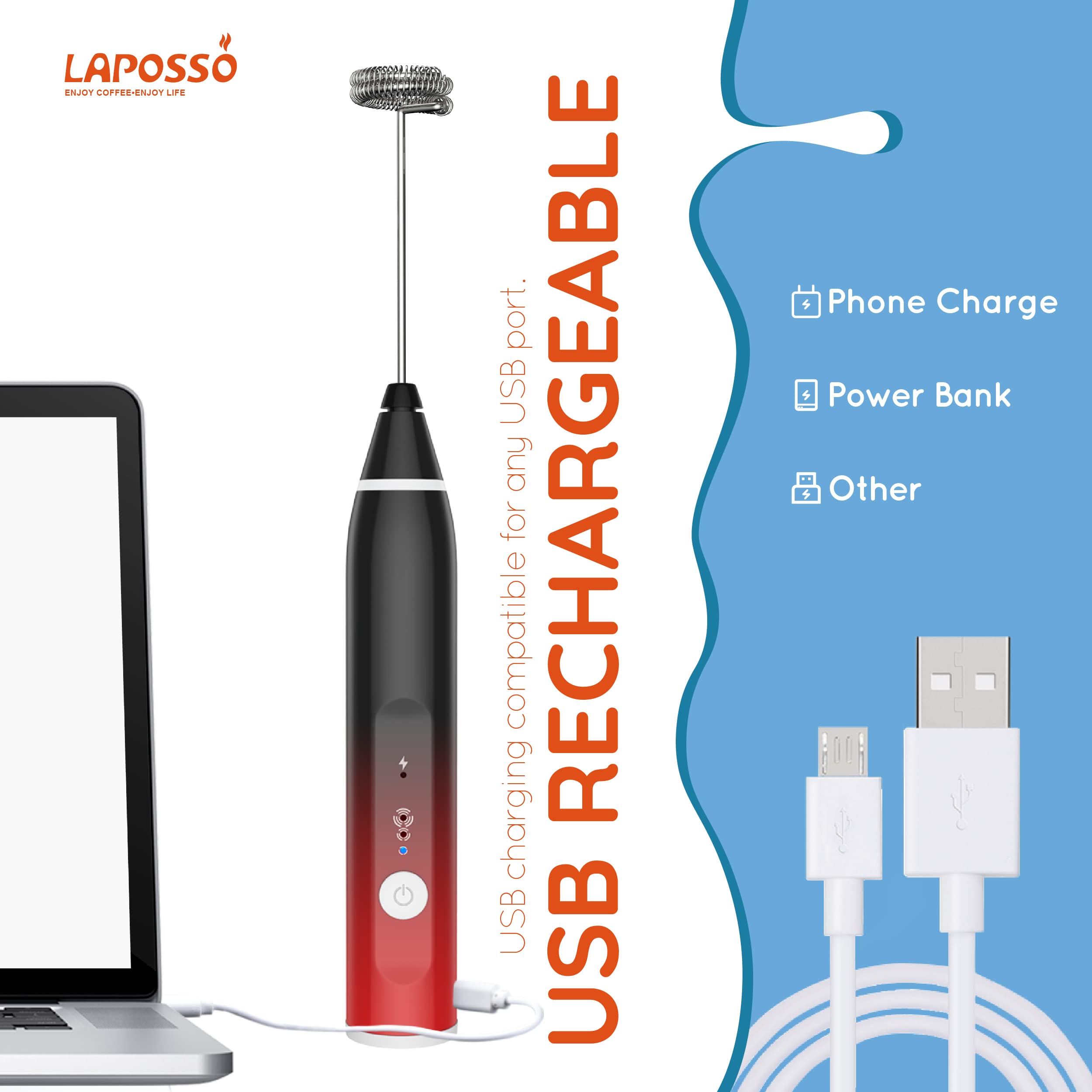 Laposso Milk Frother Rechargeable Handheld Electric Whisk Coffee Frother Mixer With 3 Stainless Whisks 3 Speed Adjustable Foam M