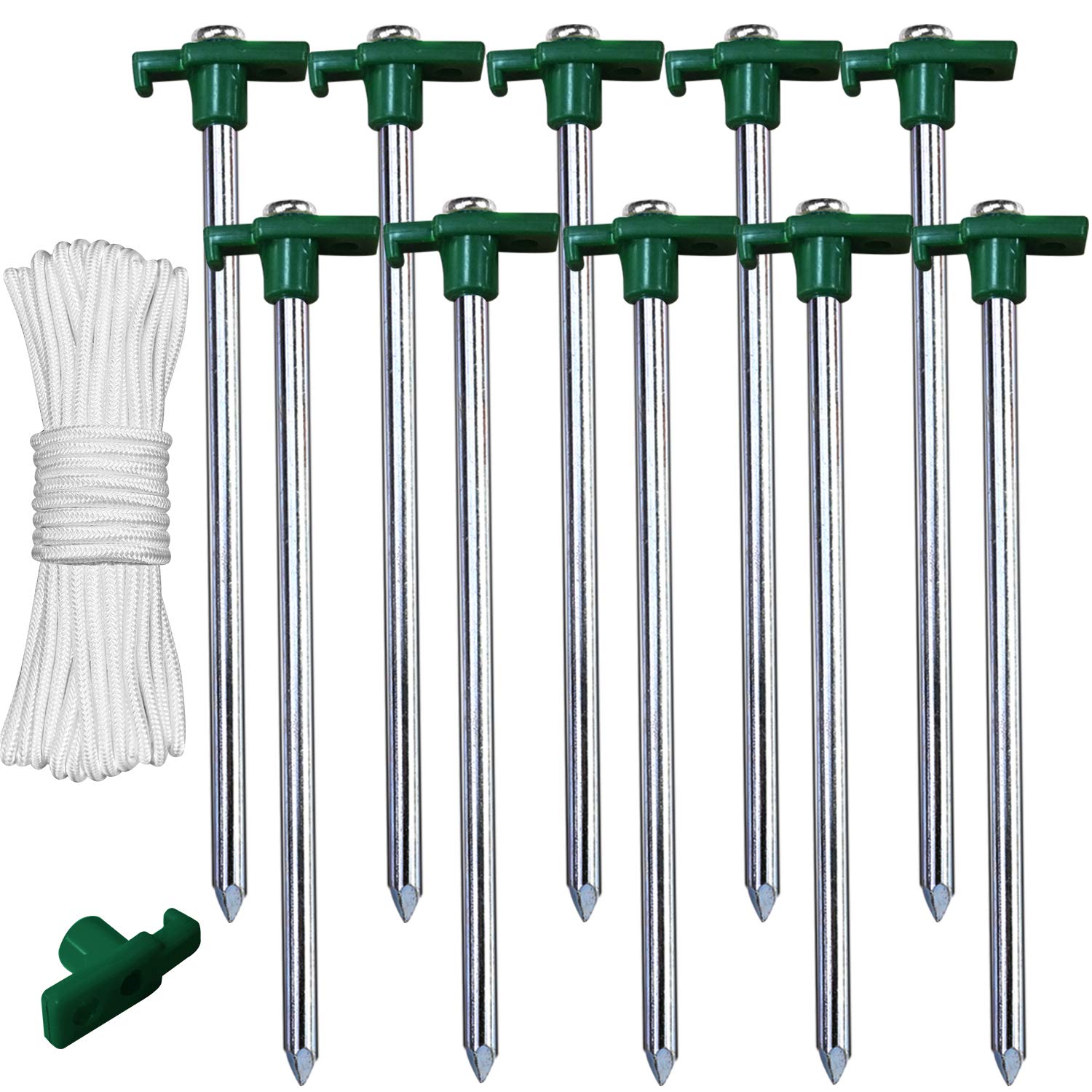 Abccanopy 11 Inch Tent Stakes 10 Pcs Non-Rust Metal Ground Anchors, Heavy Duty Spikes With 4 Ropes For Outdoor Camping, Green