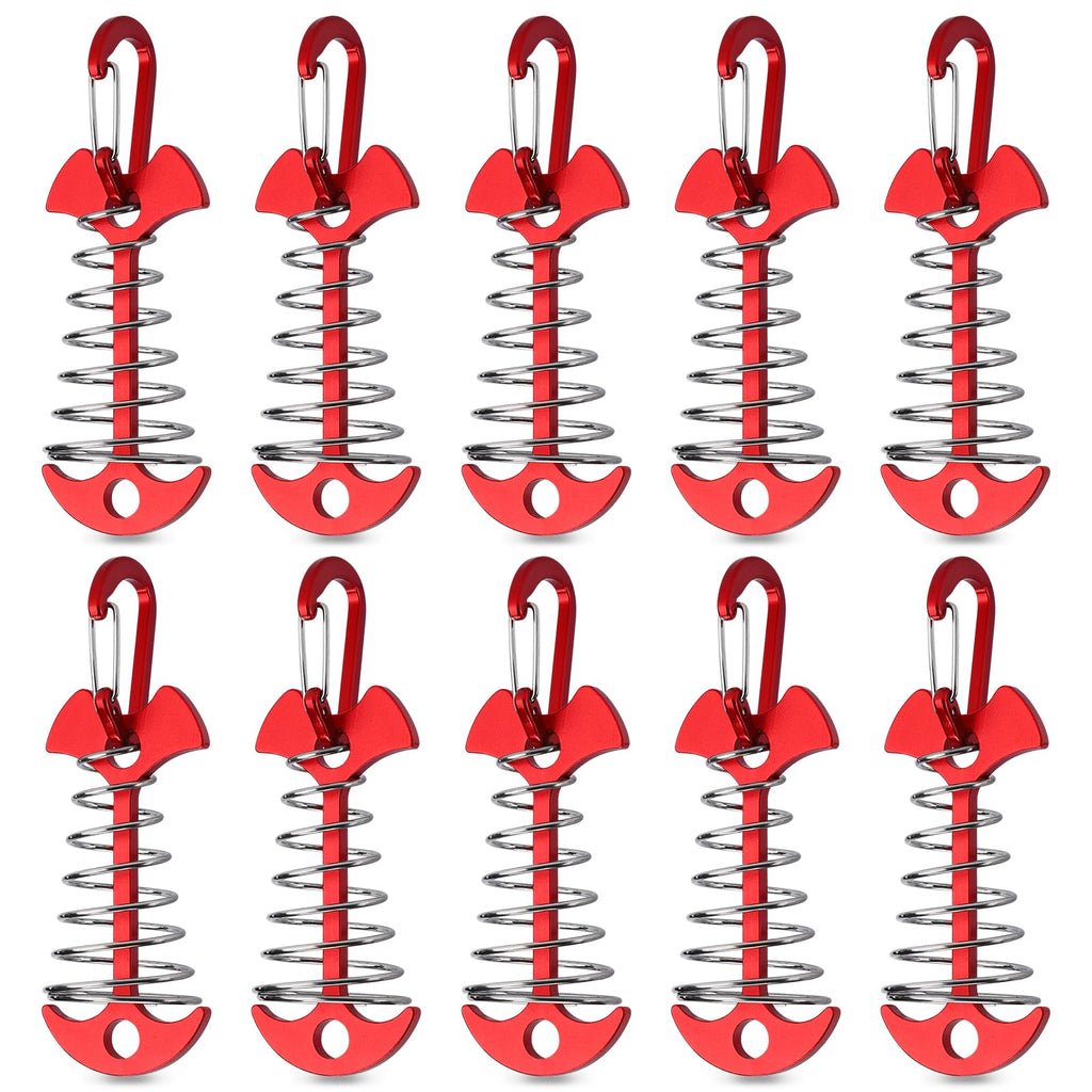 Tobwolf 10Pcs Red Deck Anchor Pegs With Carabiners, Windproof Aluminum Deck Tie Down Spring Tent Stakes, Camping Outdoor Fishbon