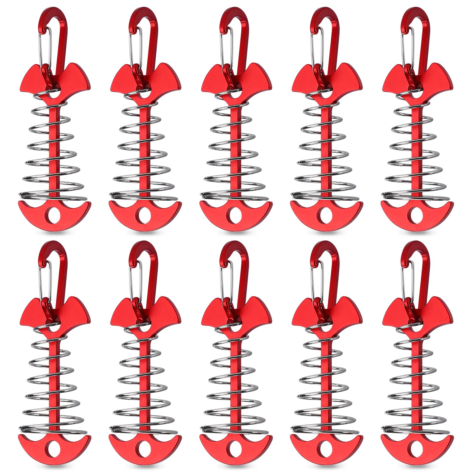 Tobwolf 10Pcs Red Deck Anchor Pegs With Carabiners, Windproof Aluminum Deck Tie Down Spring Tent Stakes, Camping Outdoor Fishbon