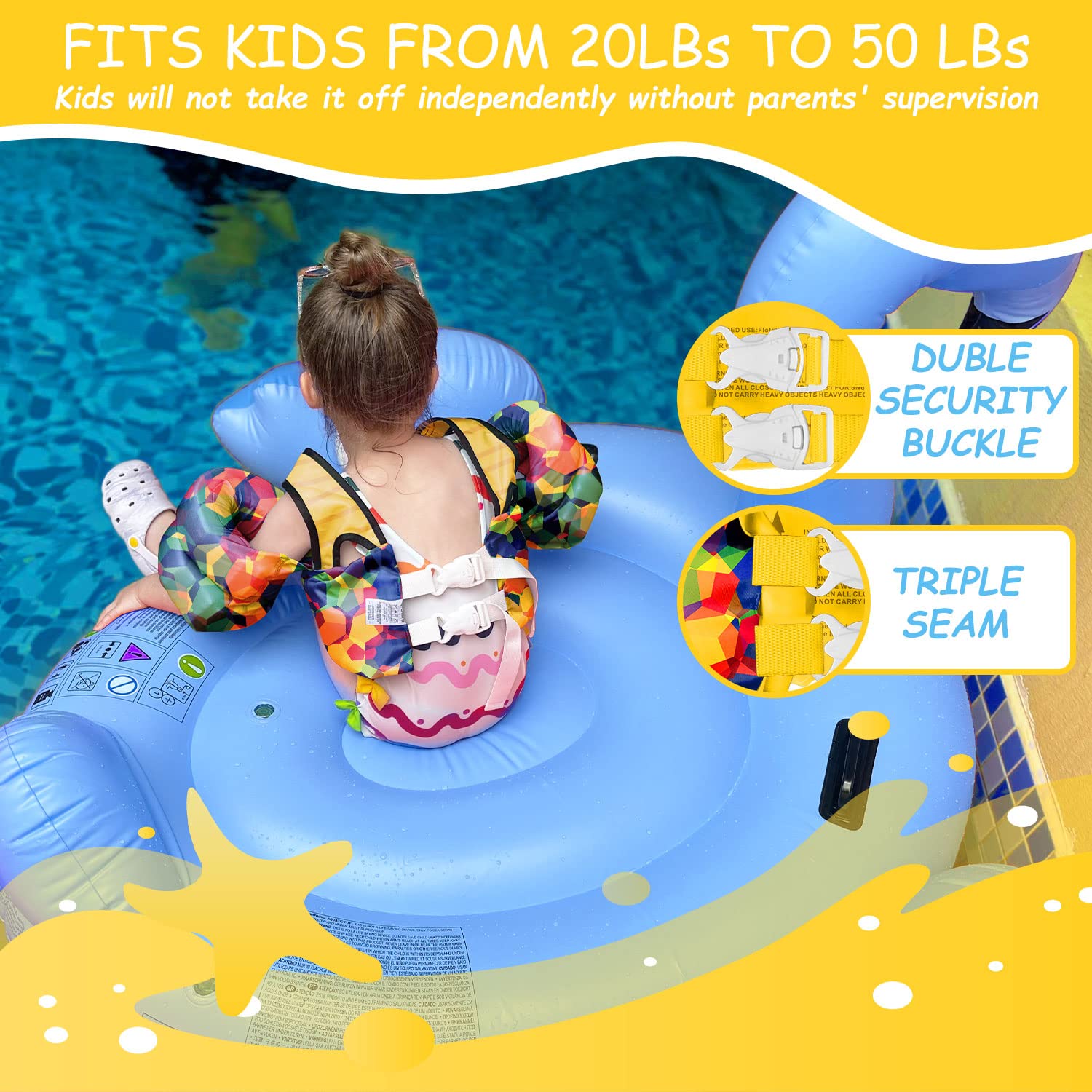 Kids Swim Vest 30-50 Lbs Pool Jacket For Toddler Learn-To-Swim Water Wings Arm Band Floats With Back Secure Buckle Swimming Floa