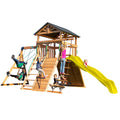 Backyard Discovery Endeavor All Cedar Wood Swing Set Playset with Yellow Wave Slide for Backyard with Large Clubhouse Rope Ladde