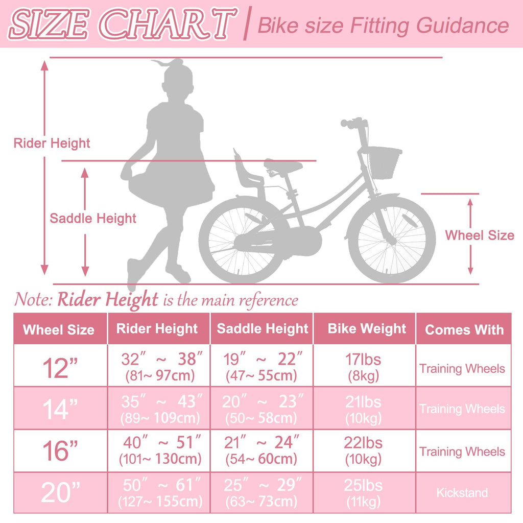 Glaf Girls Bike For 2-12 Years Old 12 14 16 20 Inch Toddlers And Kids Bike With Training Wheels & Doll Seat Girls Boys Bicycle,A