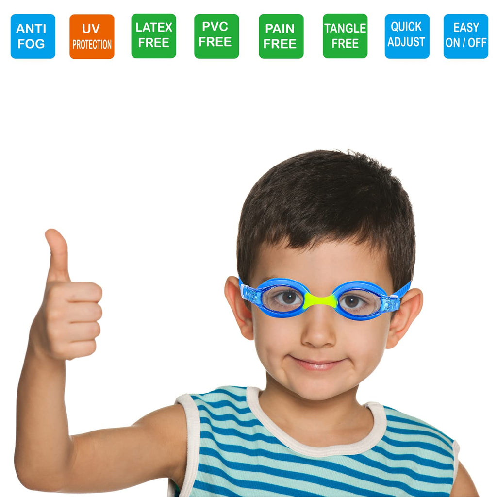 RUIGAO Kids Swim Goggles Age 2-6, Toddler Goggles No Hair Pull,UV Protection/Anti Fog/Padded HeadBand (1PK Kids -Blue Fish)
