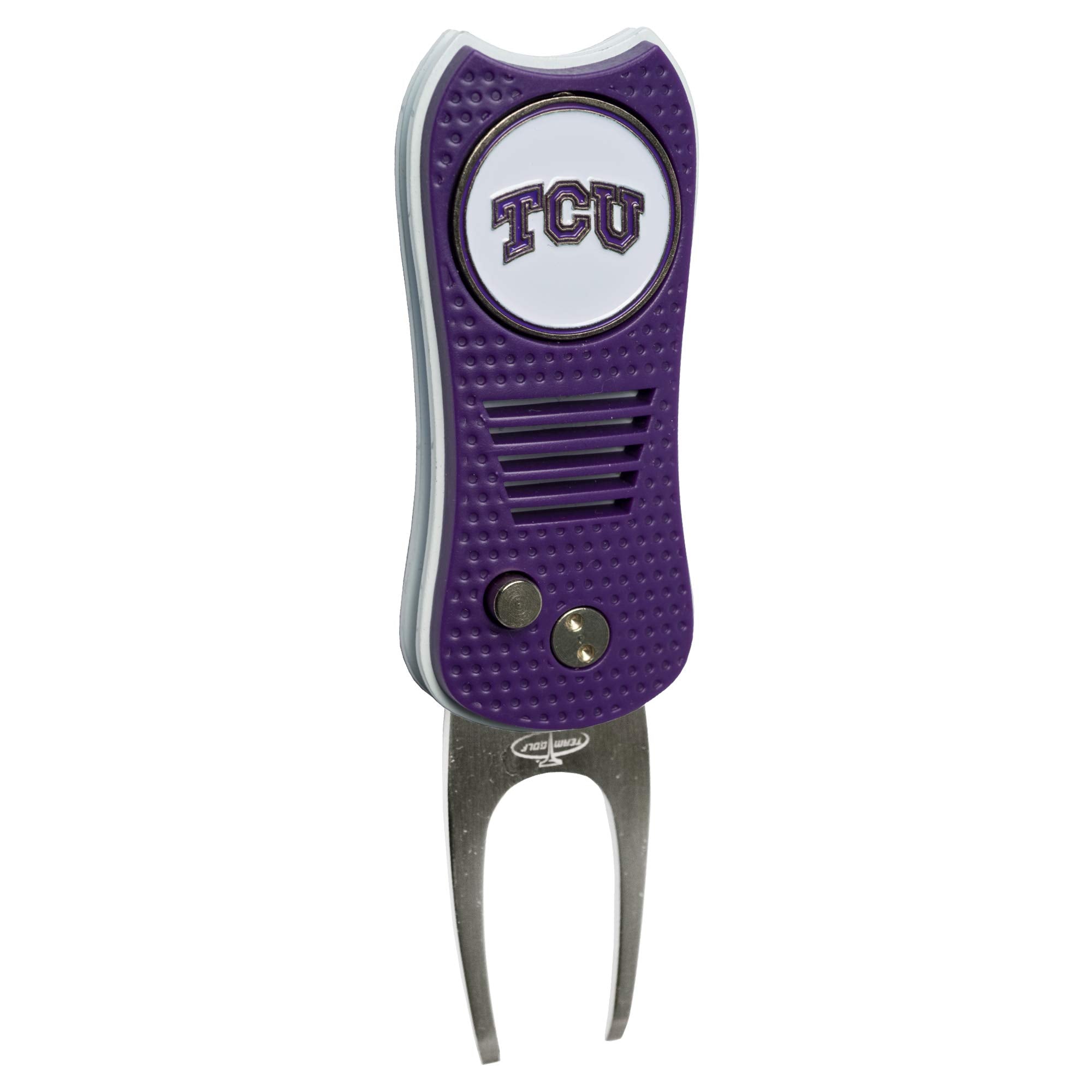 Team Golf Ncaa Tcu Horned Frogs Retractable Divot Tool With Double-Sided Magnetic Ball Marker, Features Patented Single Prong De