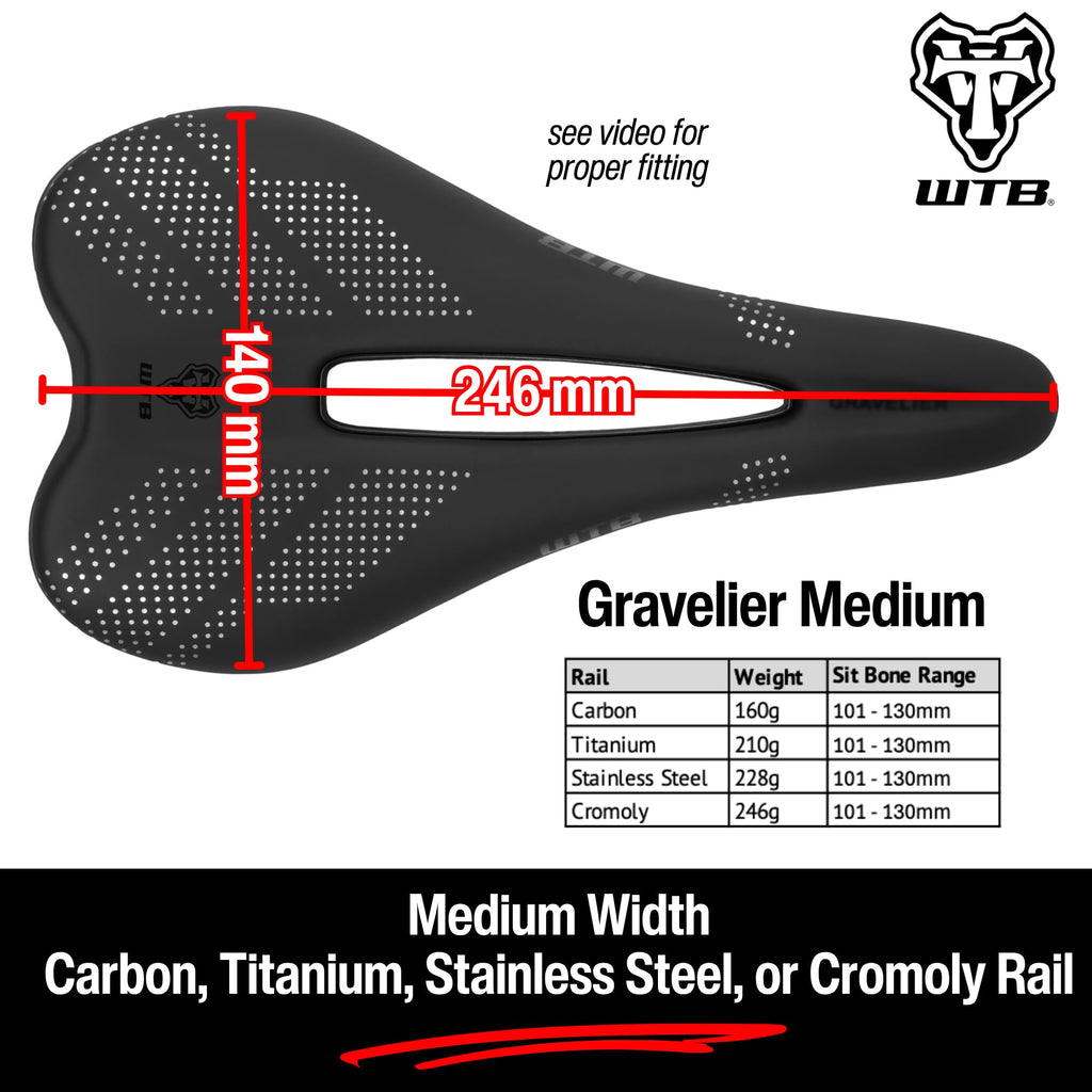 WTB Gravelier Bike Seat (Saddle) - Fusion Form Base - Mountain, Gravel, Road & Bikepacking (Titanium Rail)