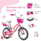 Baby Joy Kids Bike, 14 Inch Kids Bicycle W/Training Wheels, Adjustable Seat Handlebar Height, Storage Basket, Doll Seat, Handbra
