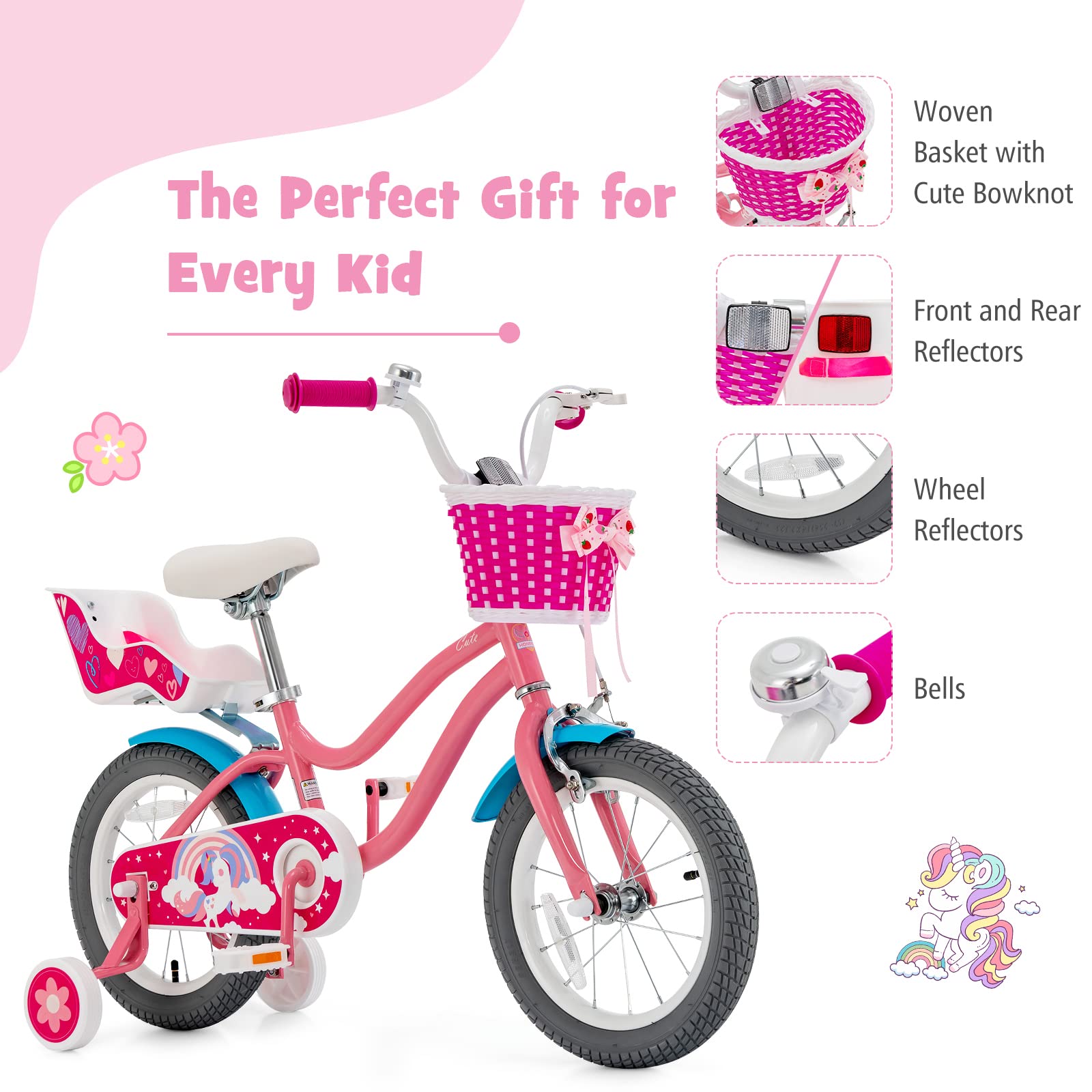 Baby Joy Kids Bike, 14 Inch Kids Bicycle W/Training Wheels, Adjustable Seat Handlebar Height, Storage Basket, Doll Seat, Handbra