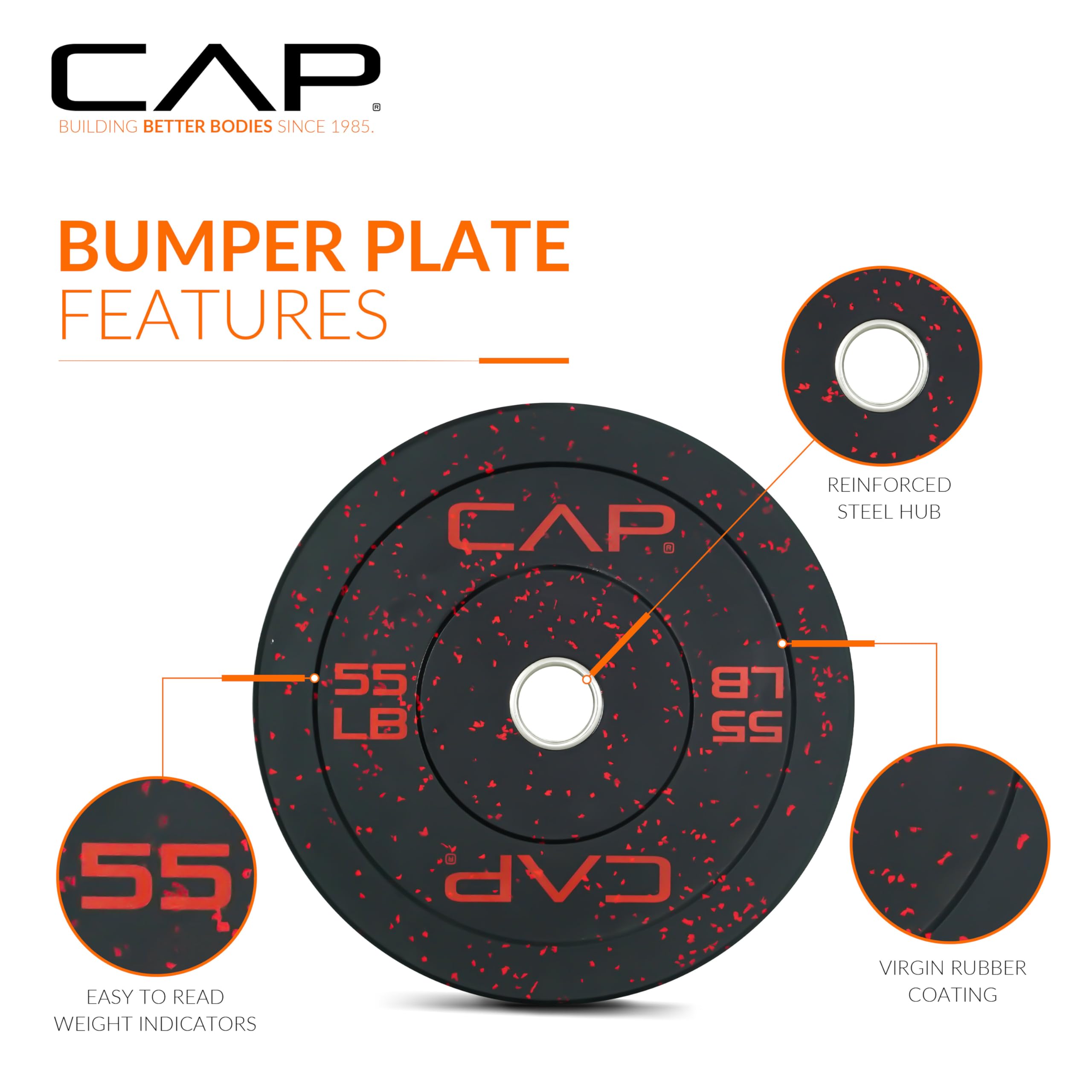 Cap Barbell Economy - Speckled Olympic Bumper Plate With Red Logo, Black, 55 Lb Single