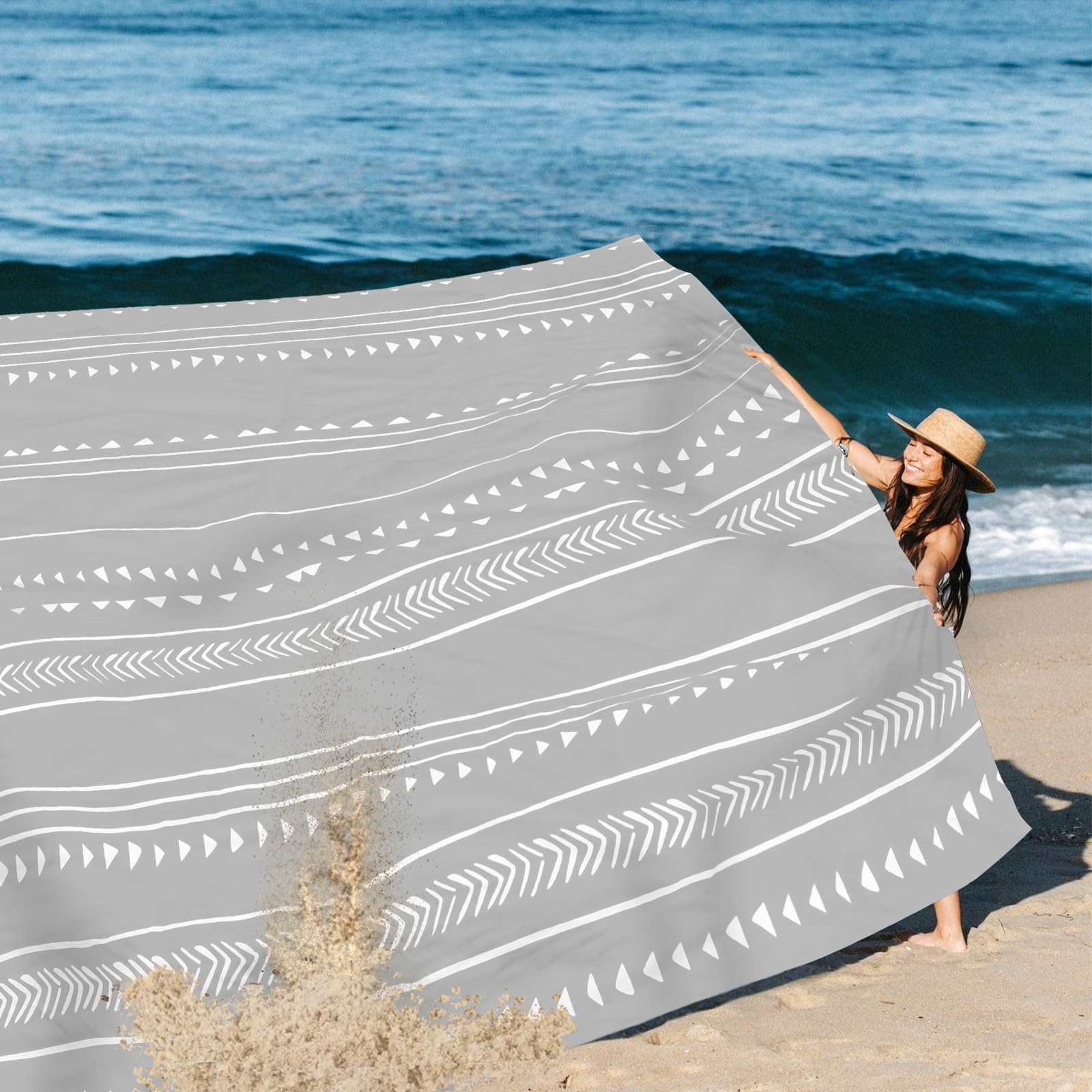 110''  118'' Extra Large Beach Blanket For 8 Adults, Outdoor Beach Mat Sand Free Waterproof With 4 Stakes & 4 Corner Pockets, Po