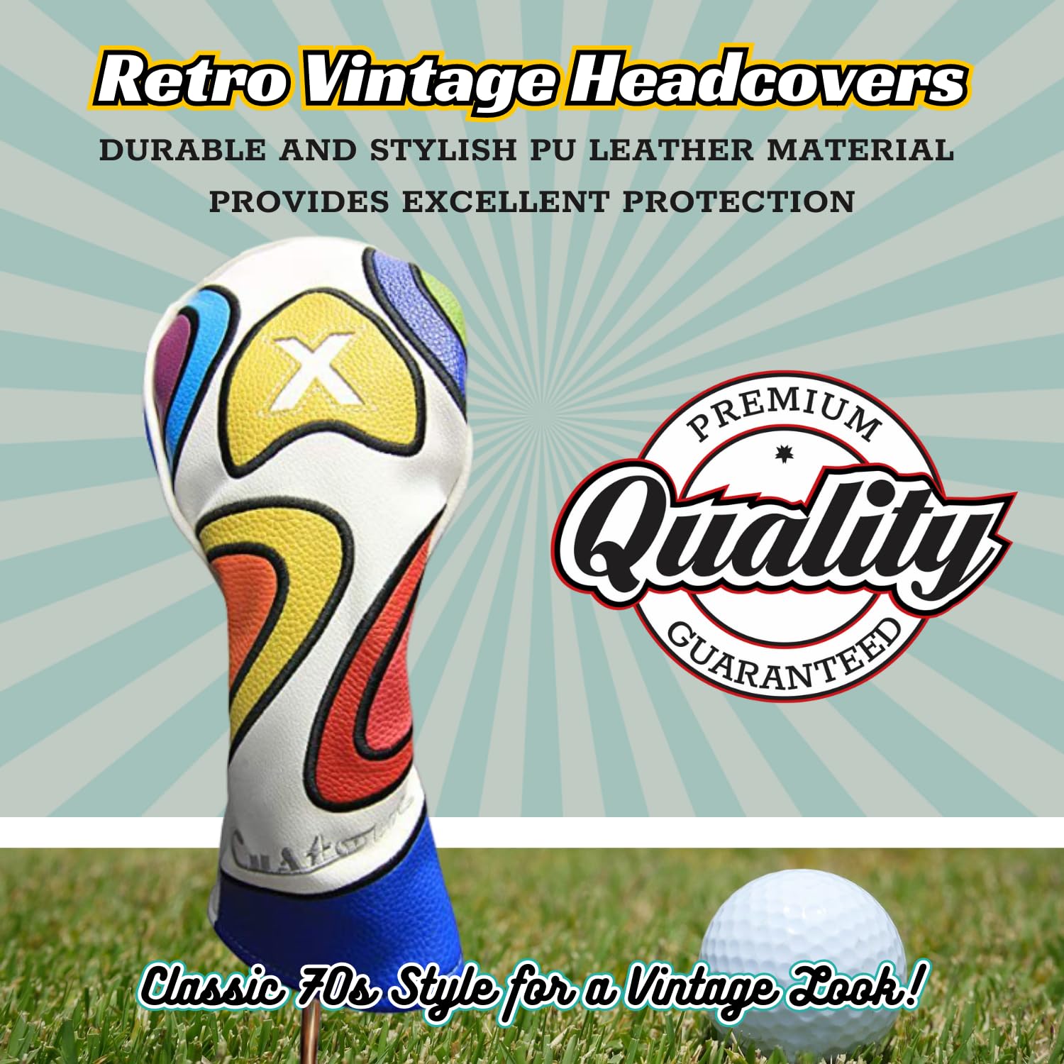 Majek Retro Golf Headcover Limited Edition Vintage Leather Style Psychedelic Colorful Groovy Custom Design X Fairway Wood Head C