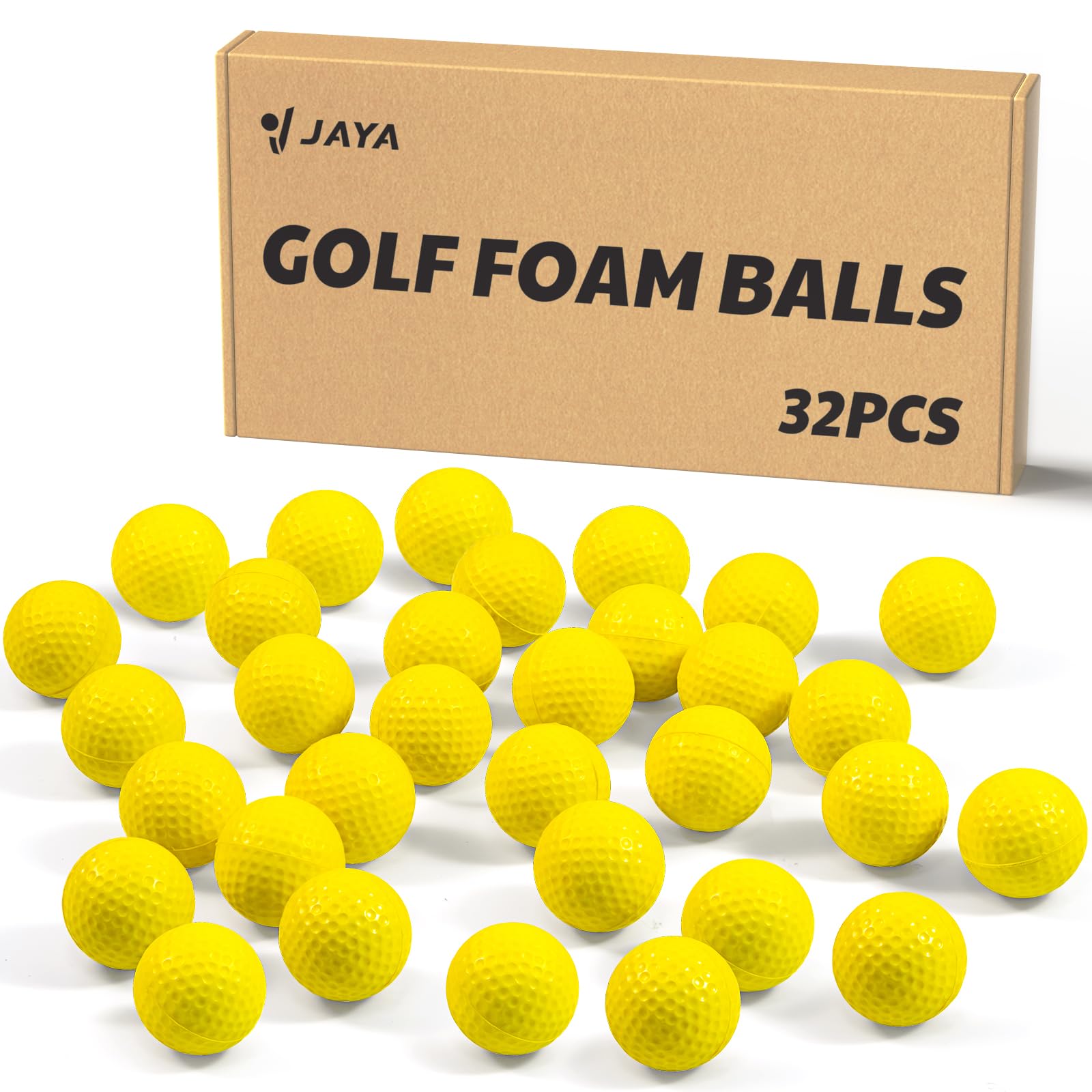 JAYA 32 Pack Foam Golf Practice Balls, Realistic Feel and Limited Flight, Soft for Indoor or Outdoor Training, Yellow
