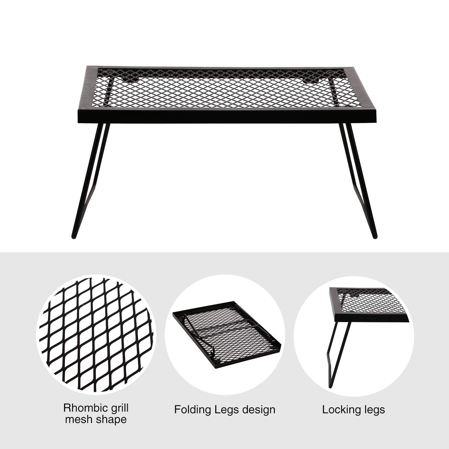 Campmax Folding Campfire Grill Grate, Portable Heavy Duty Steel Over Fire Camp Grill For Outdoor Camping Cooking Fire Pit, Black